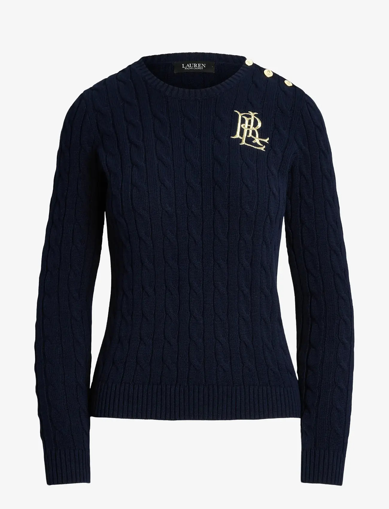 Lauren Ralph Lauren - Button-Trim Cable-Knit Cotton Sweater - tröjor - lauren navy - 1