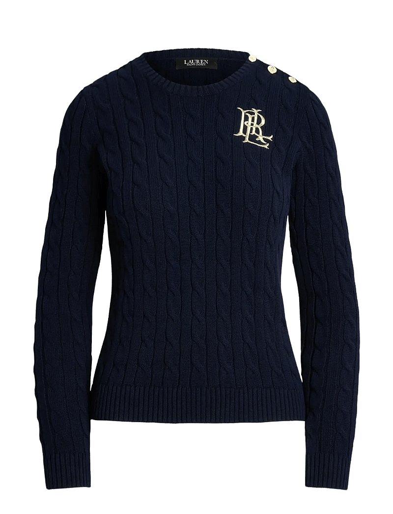 Lauren Ralph Lauren - Button-Trim Cable-Knit Cotton Sweater - tröjor - lauren navy - 1