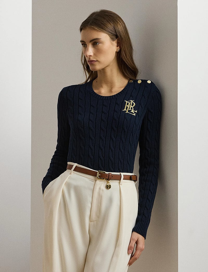 Lauren Ralph Lauren - Button-Trim Cable-Knit Cotton Sweater - tröjor - lauren navy - 3
