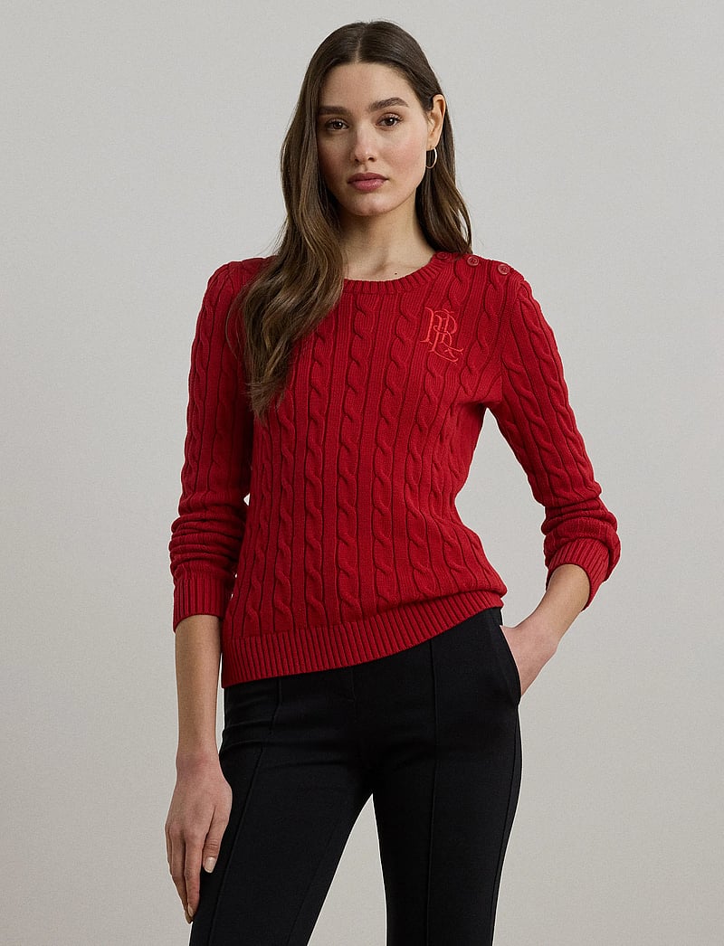 Lauren Ralph Lauren - Button-Trim Cable-Knit Cotton Sweater - tröjor - madison red - 4