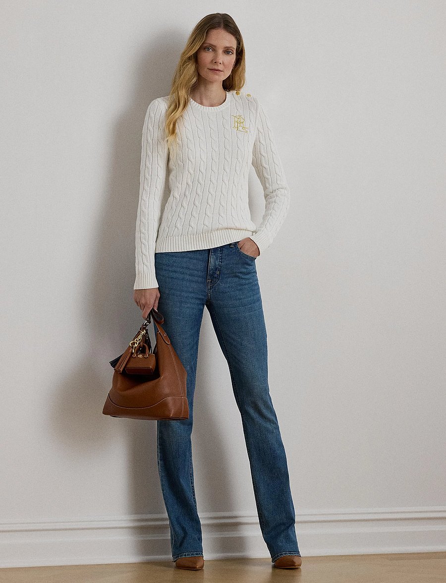 Lauren Ralph Lauren - Button-Trim Cable-Knit Cotton Sweater - tröjor - mascarpone cream - 2