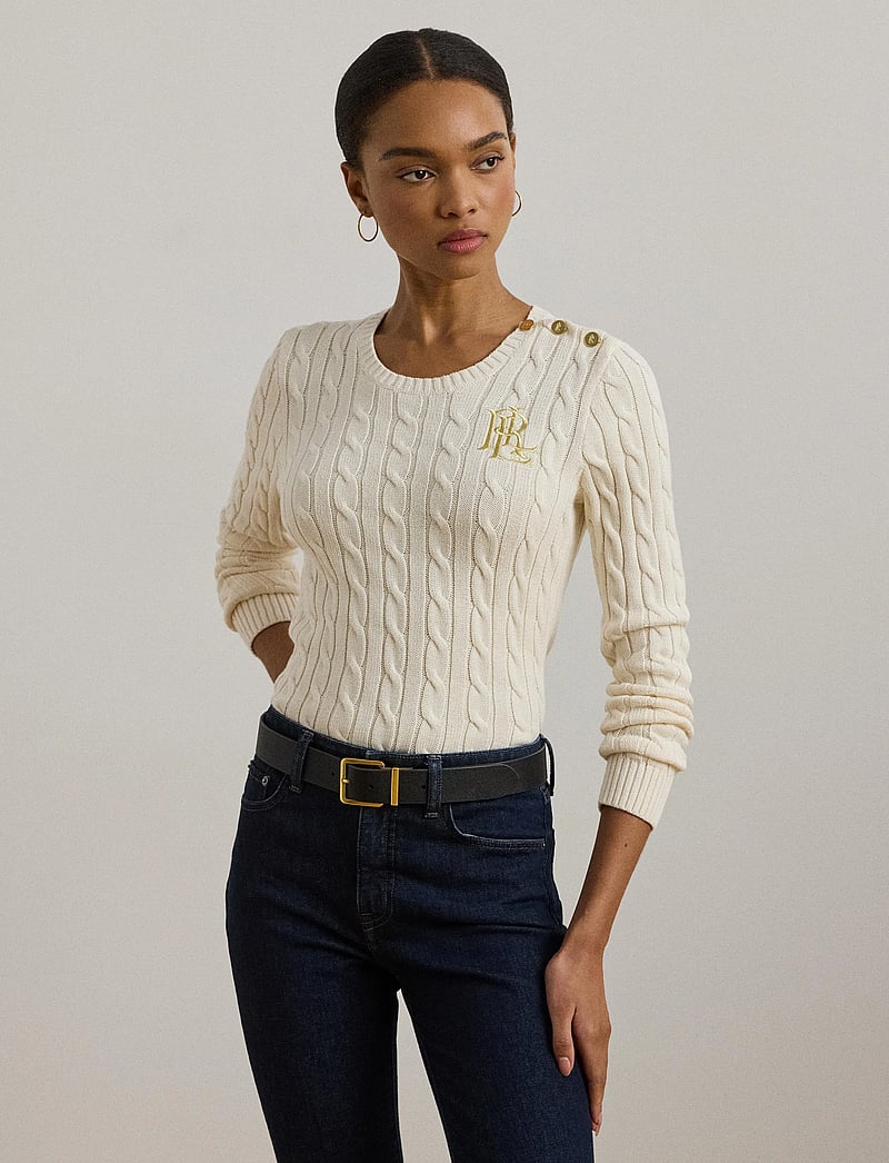 Lauren Ralph Lauren - Button-Trim Cable-Knit Cotton Sweater - trøjer - mascarpone cream - 3