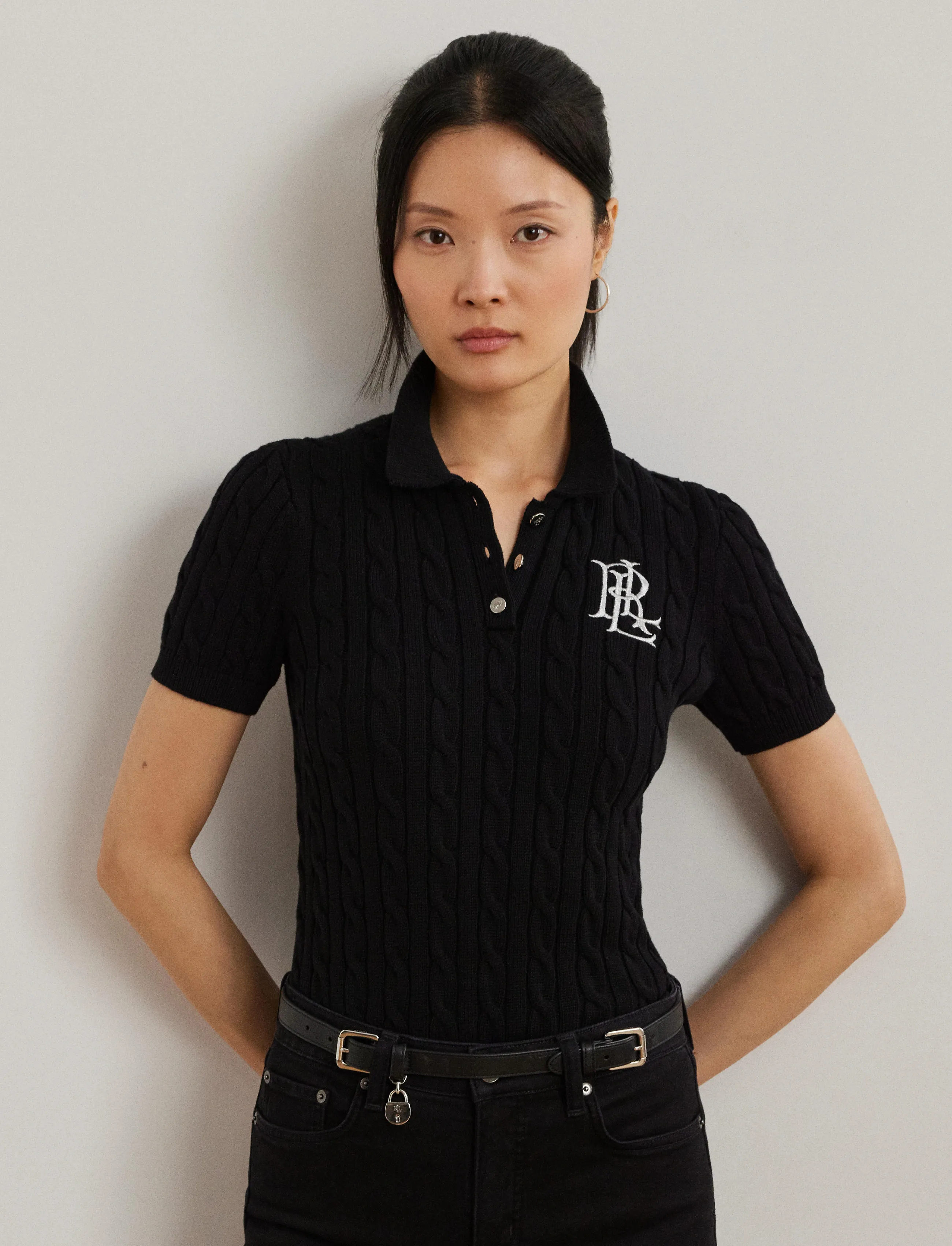 Lauren Ralph Lauren Cable-Knit Cotton Polo Sweater - Lauren Ralph Lauren - BLACK / black