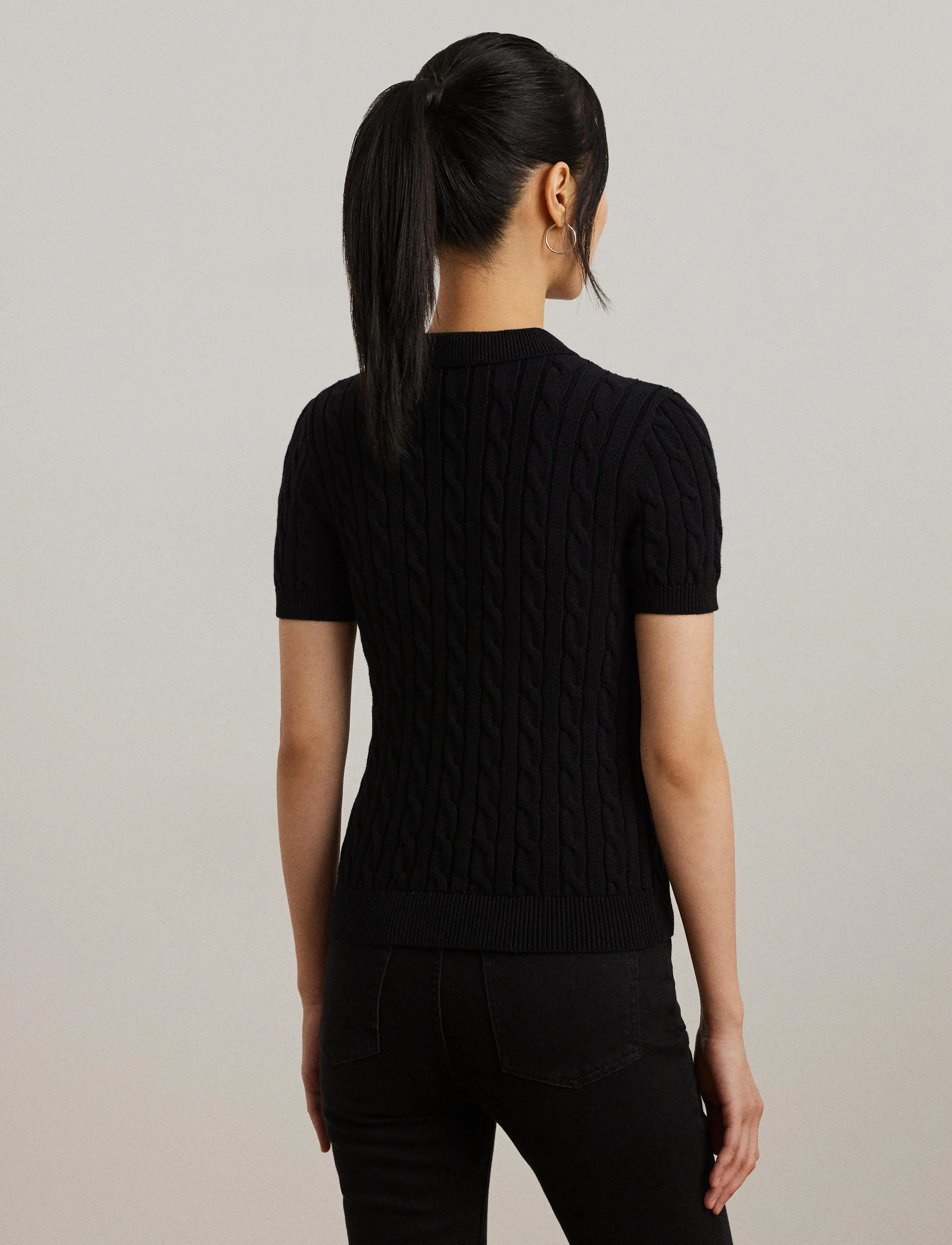 Lauren Ralph Lauren - Cable-Knit Cotton Polo Sweater - pulls - black - 3