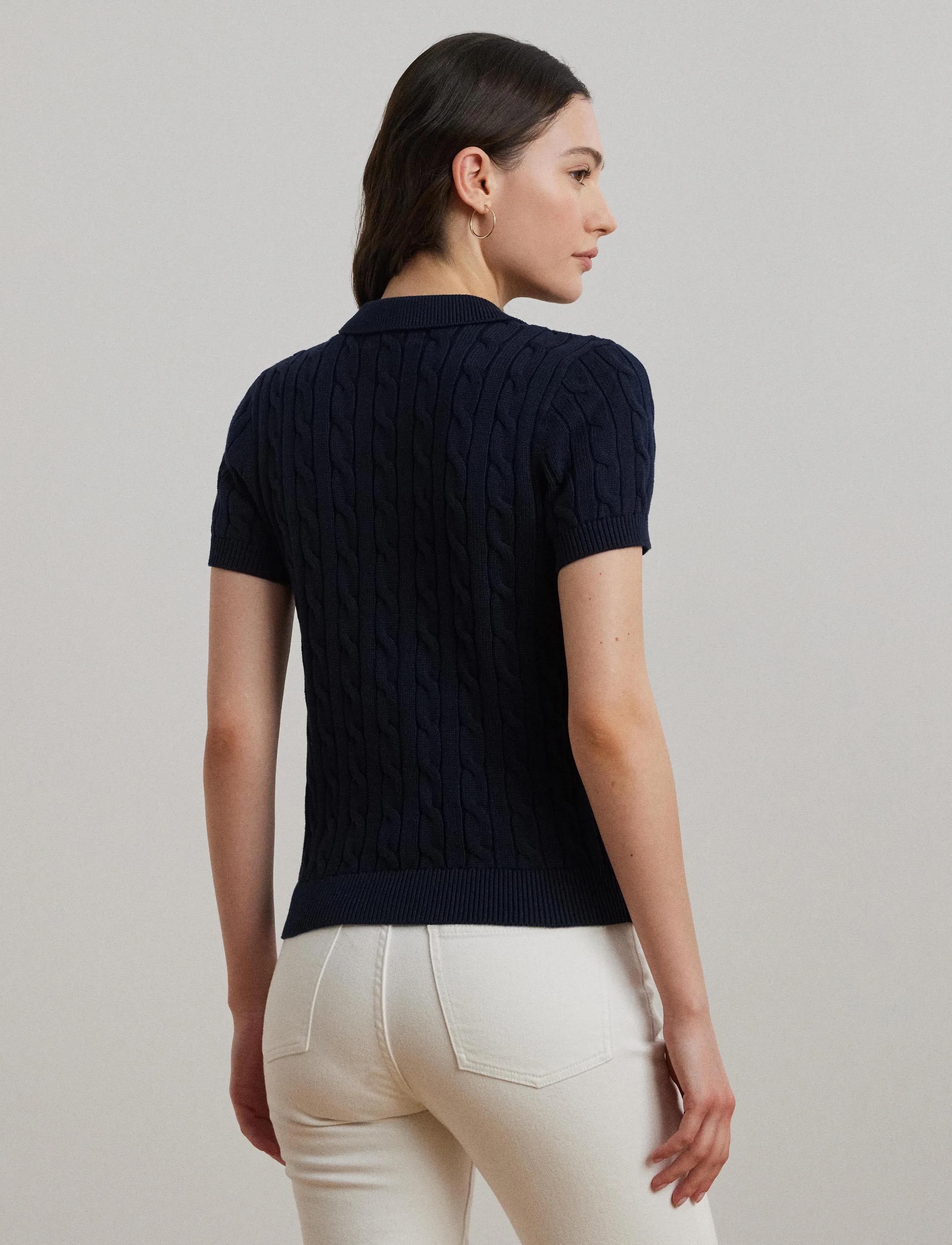 Lauren Ralph Lauren Cable-Knit Cotton Polo Sweater - Tøj - LAUREN NAVY / navy