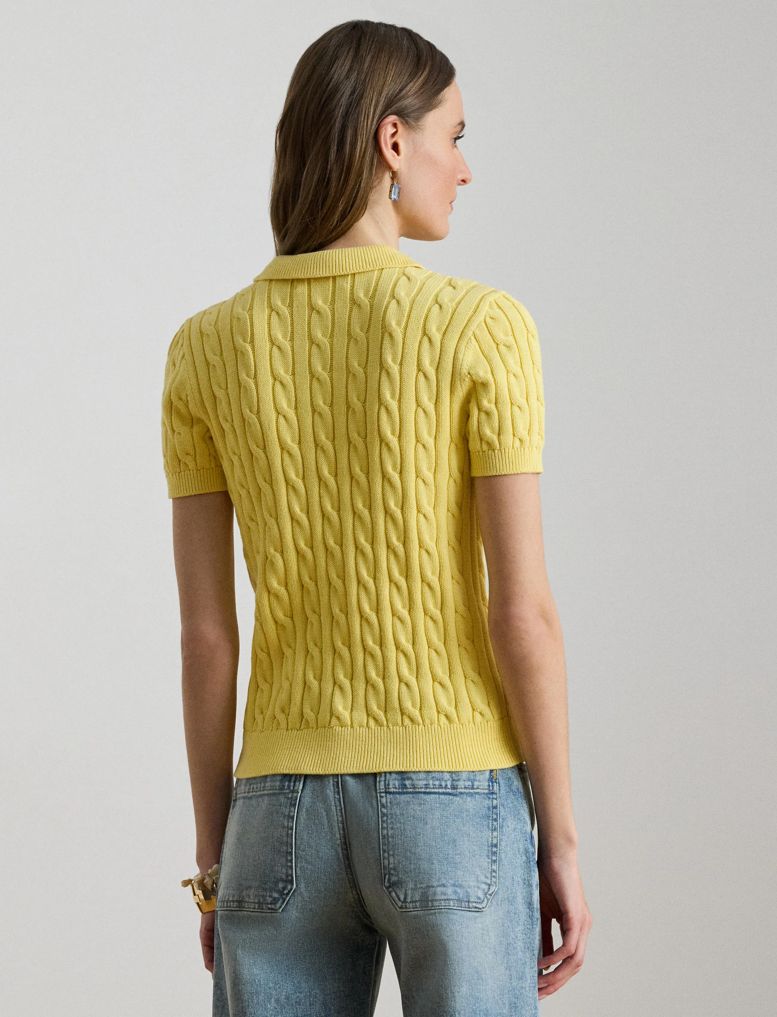 Lauren Ralph Lauren Cable-Knit Cotton Polo Sweater - Lauren Ralph Lauren - LEMON SORBET / yellow