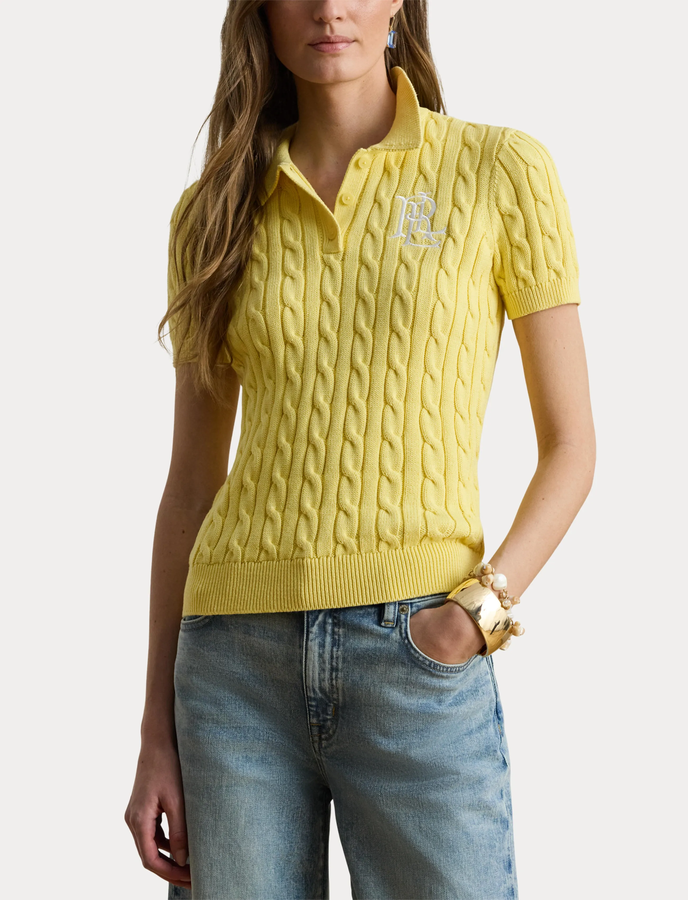 Lauren Ralph Lauren Cable-Knit Cotton Polo Sweater - Knitwear - LEMON SORBET / yellow