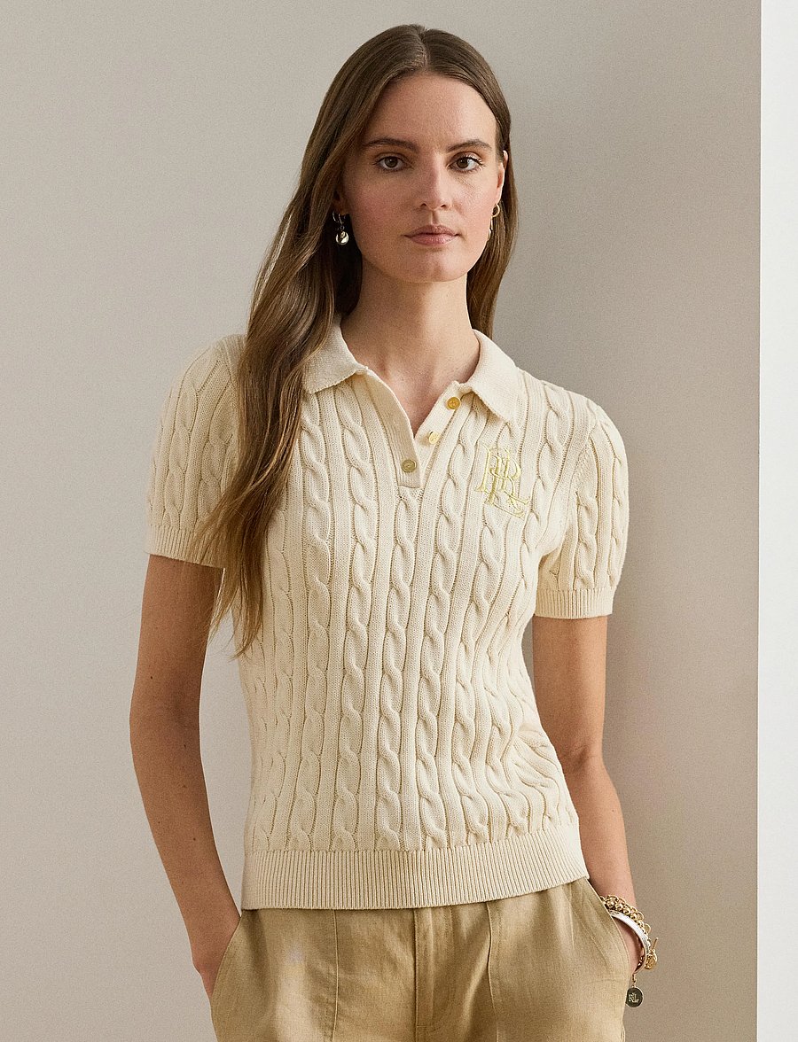 Lauren Ralph Lauren - Cable-Knit Cotton Polo Sweater - striktrøjer - mascarpone cream - 3