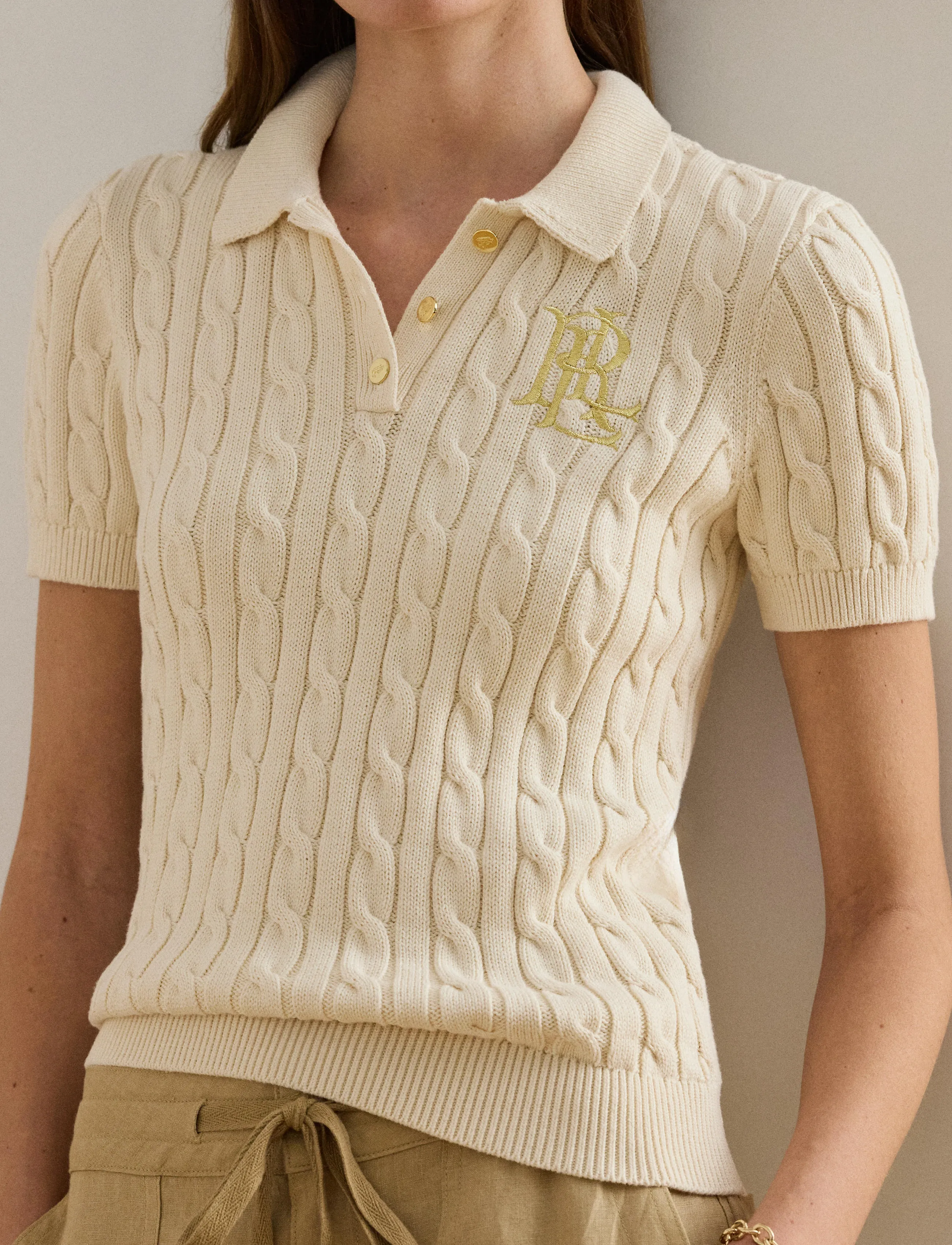 Lauren Ralph Lauren - Cable-Knit Cotton Polo Sweater - striktrøjer - mascarpone cream - 4