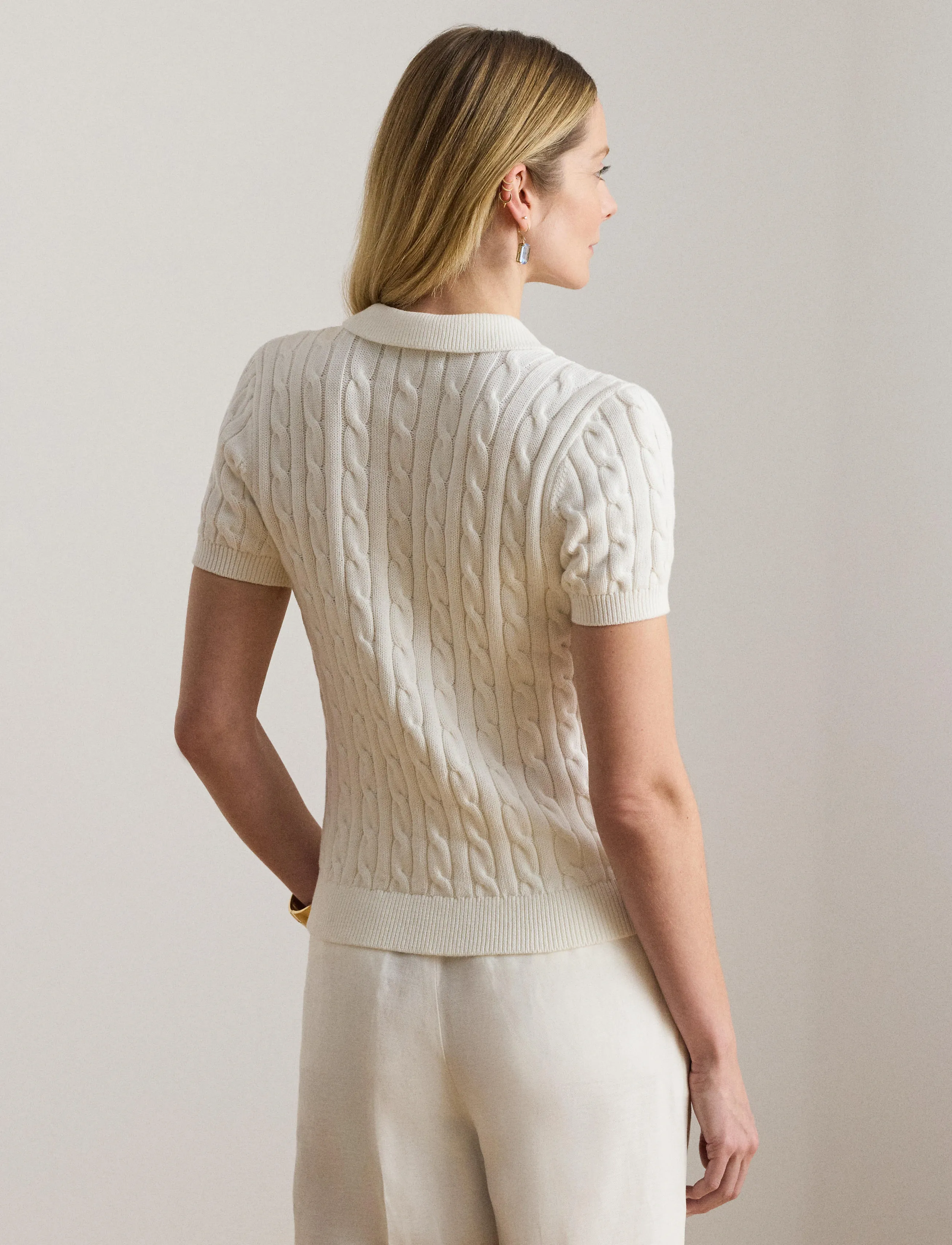 Lauren Ralph Lauren - Cable-Knit Cotton Polo Sweater - striktrøjer - white - 4
