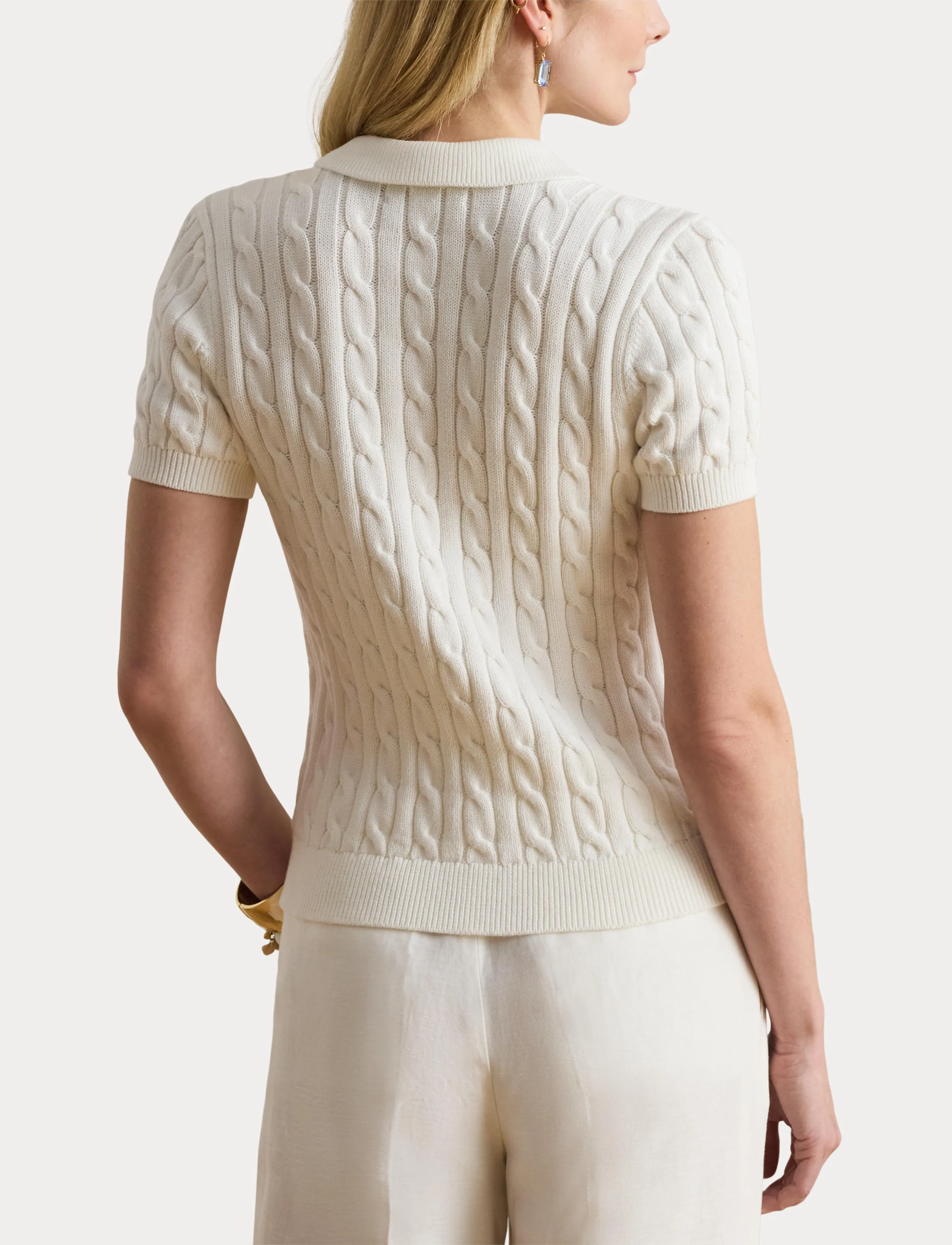 Lauren Ralph Lauren - Cable-Knit Cotton Polo Sweater - striktrøjer - white - 5