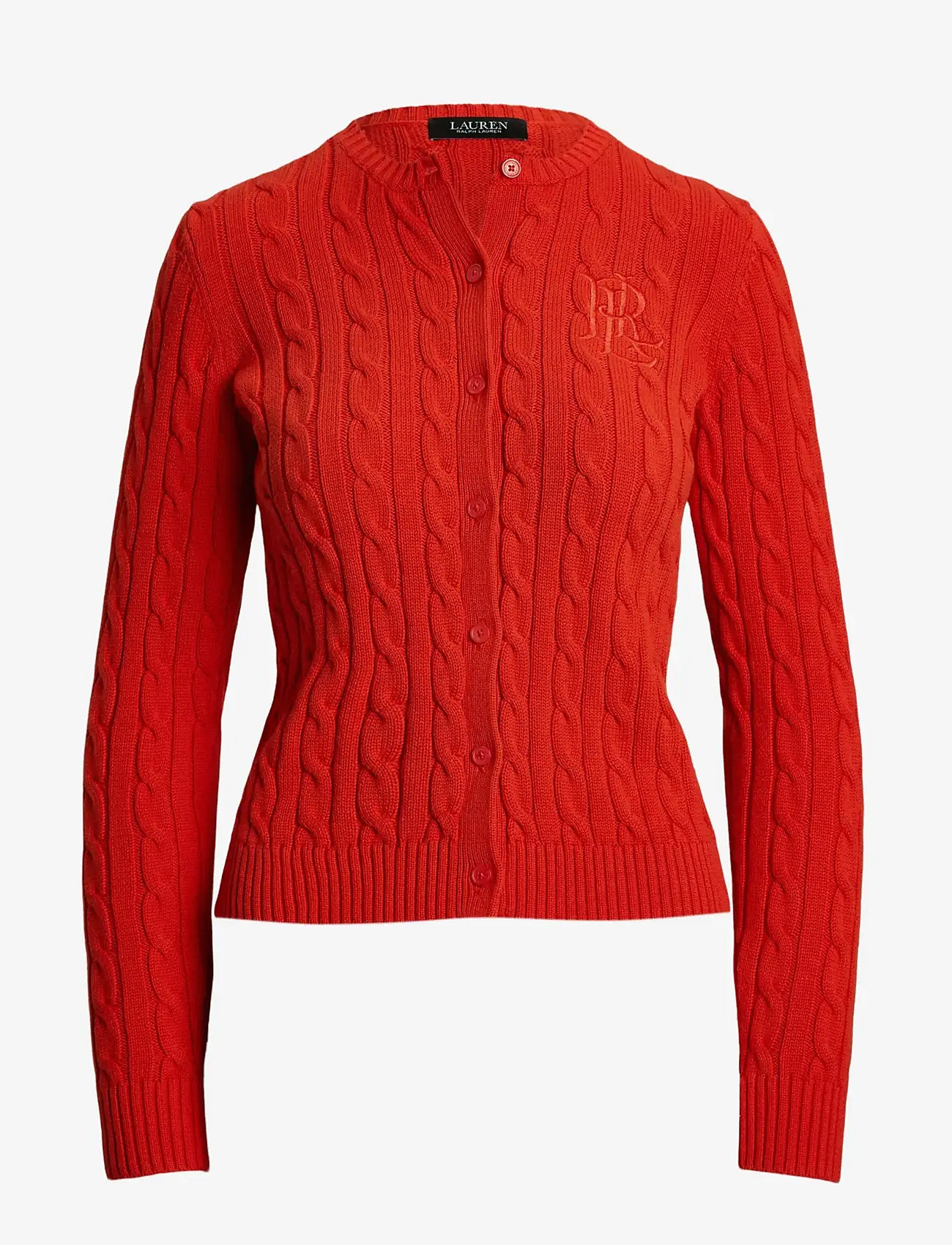 Lauren Ralph Lauren - Cable-Knit Cotton Cardigan - striktrøjer - bright vermilion - 1