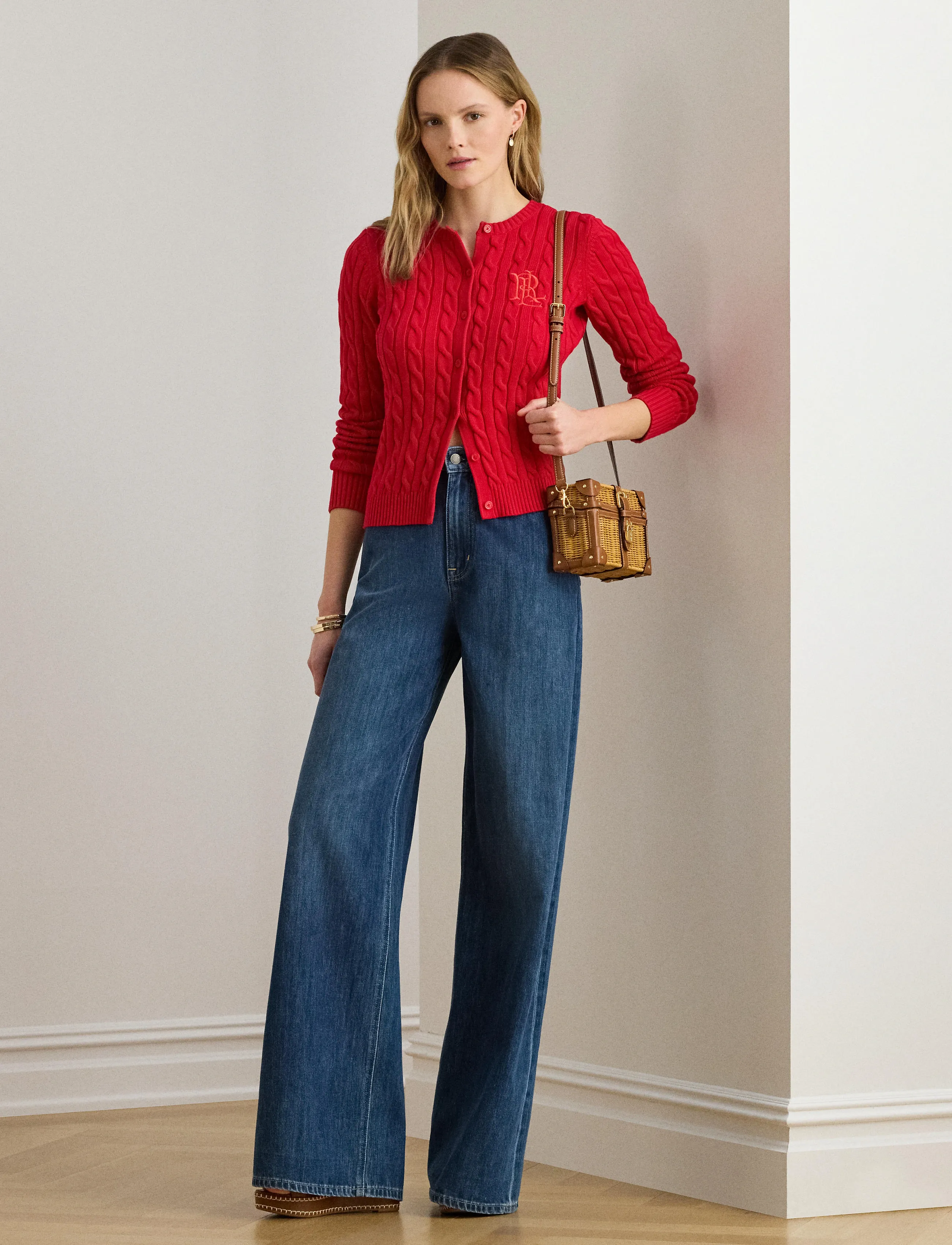 Lauren Ralph Lauren Cable-Knit Cotton Cardigan, L, Red, Strik > Cardigans, Dame