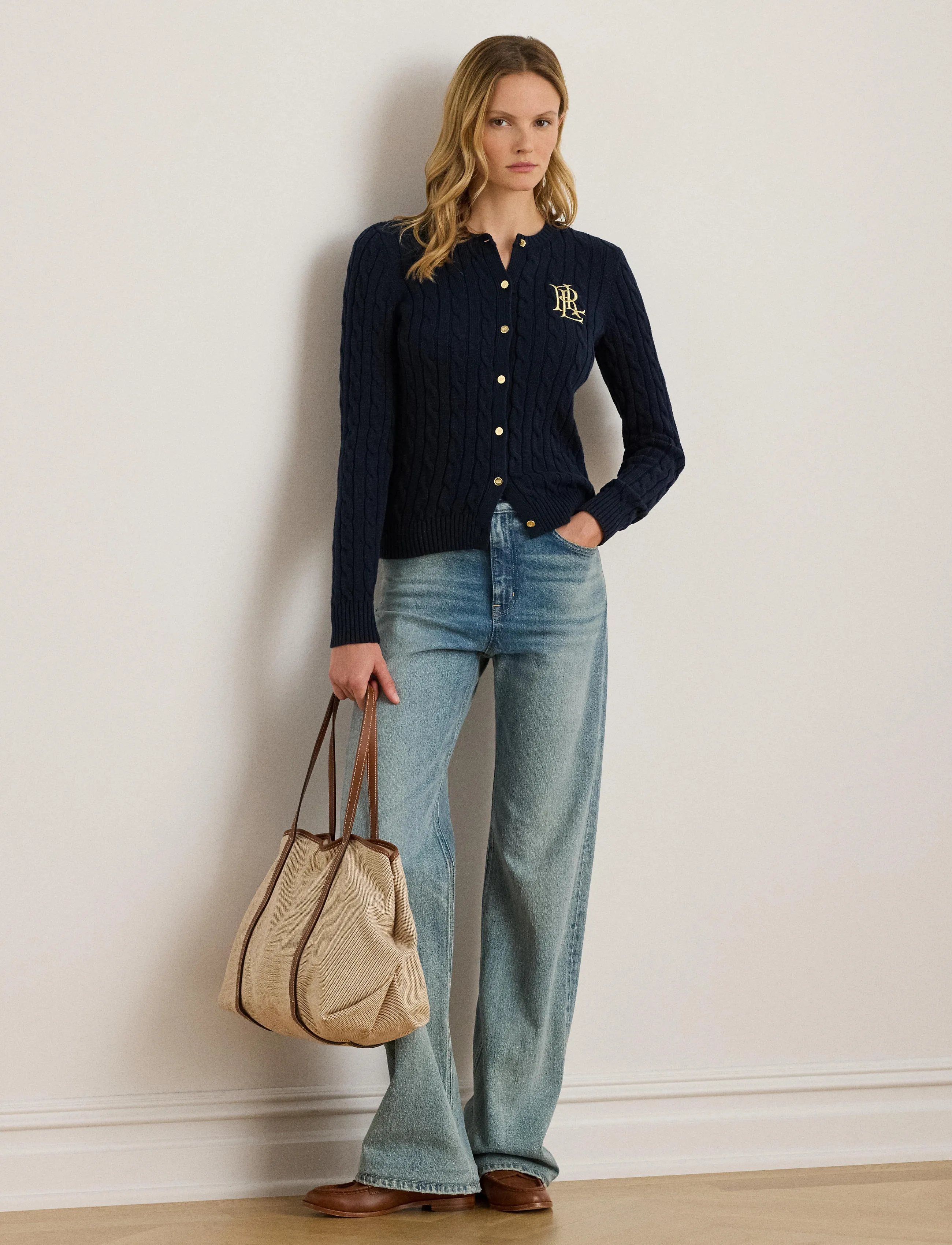 Lauren Ralph Lauren Cable-Knit Cotton Cardigan, XS, Navy, Strik > Cardigans, Dame