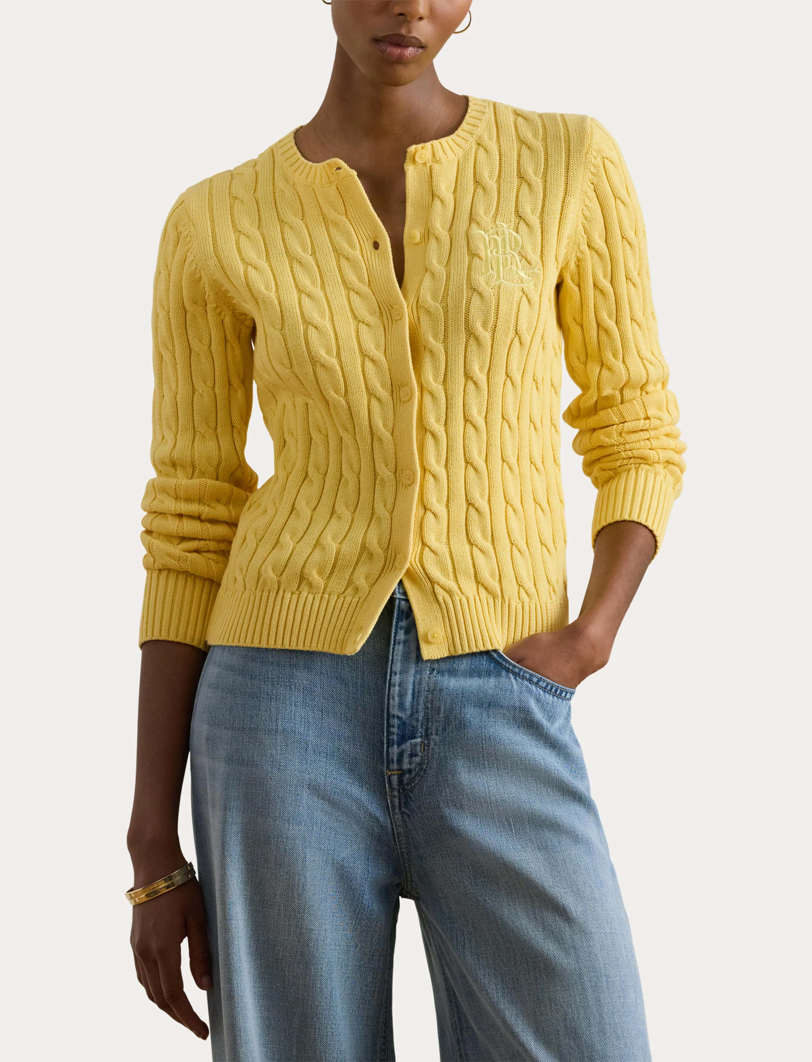 Lauren Ralph Lauren Cable-Knit Cotton Cardigan - Lauren Ralph Lauren - LEMON SORBET / yellow