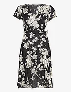 Floral Linen Flutter-Sleeve Wrap Dress - BLACK/CREAM