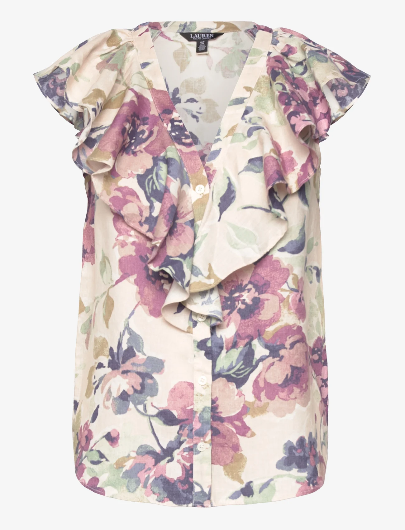 Lauren Ralph Lauren - Floral Linen Flutter-Sleeve Shirt - bluzki bez rękawów - cream multi - 0