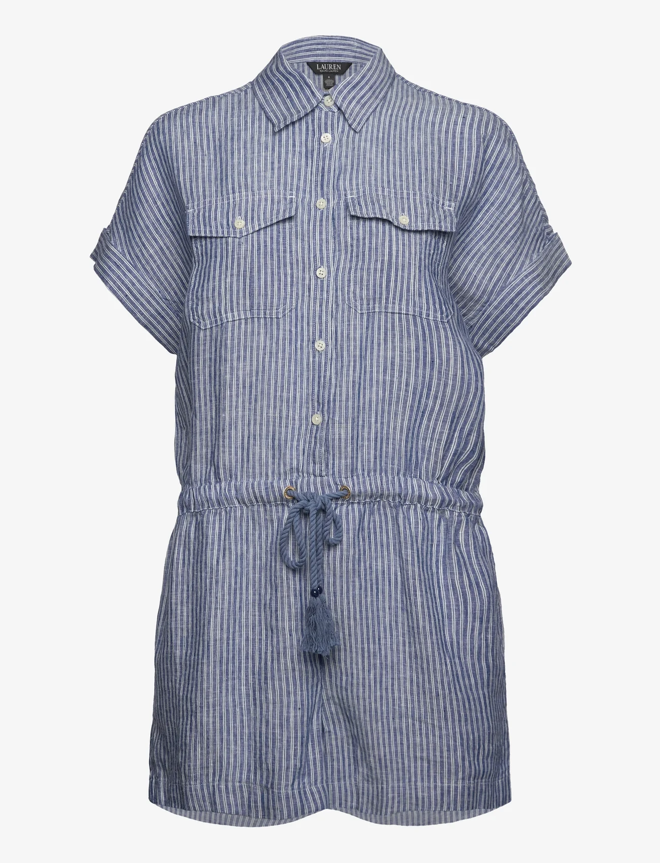 Lauren Ralph Lauren - Pinstripe Linen Short-Sleeve Romper - vacation essentials - blue/white - 0
