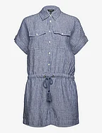 Pinstripe Linen Short-Sleeve Romper - BLUE/WHITE