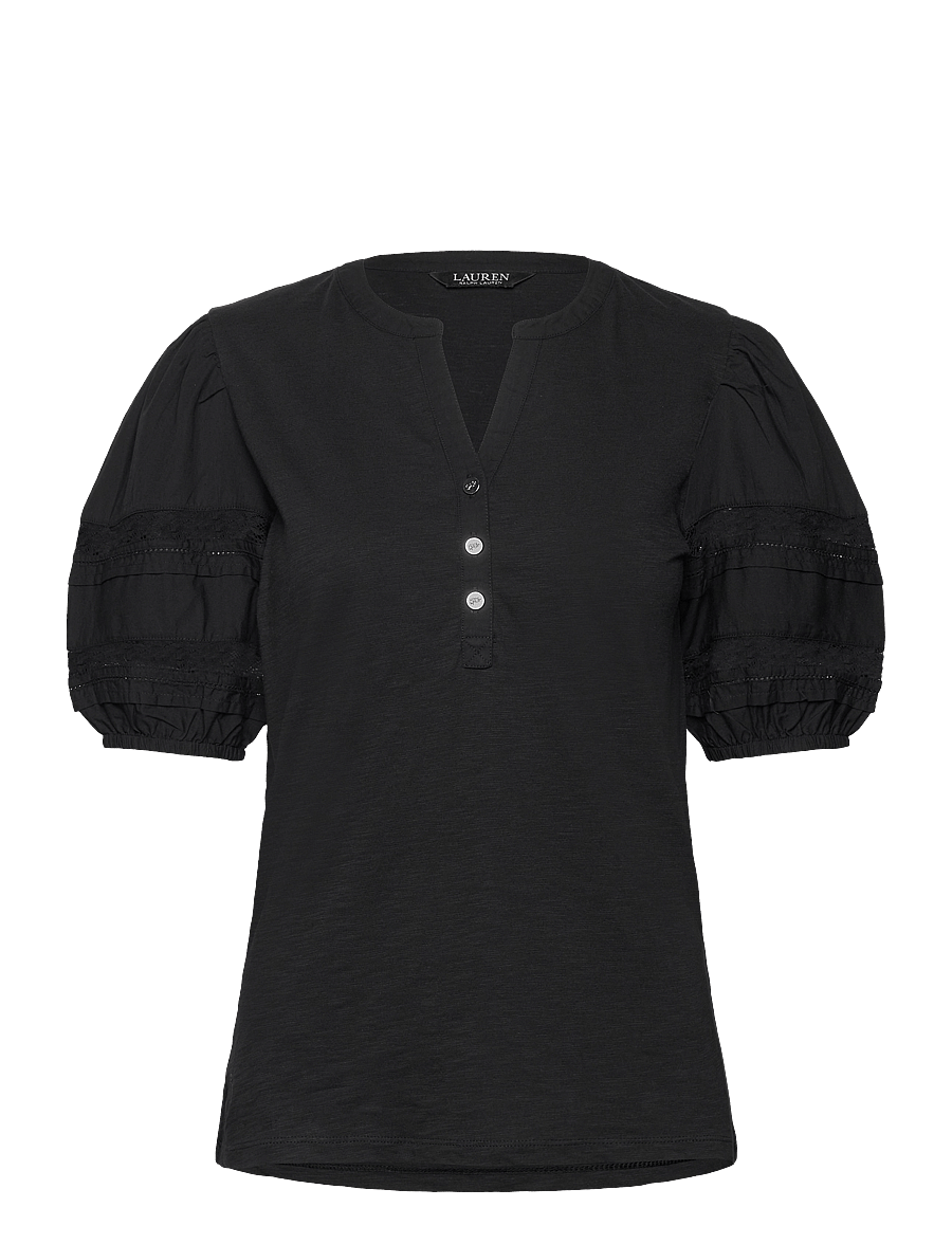 Lauren Ralph Lauren - Lace-Trim Jersey Puff-Sleeve Henley Tee - black - 0