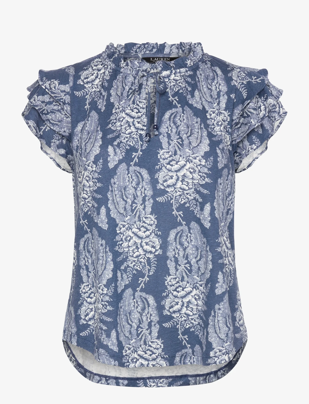 Lauren Ralph Lauren - Floral Linen-Blend Jersey Tie-Neck Top - t-shirts - blue/cream - 0