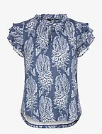 Floral Linen-Blend Jersey Tie-Neck Top - BLUE/CREAM