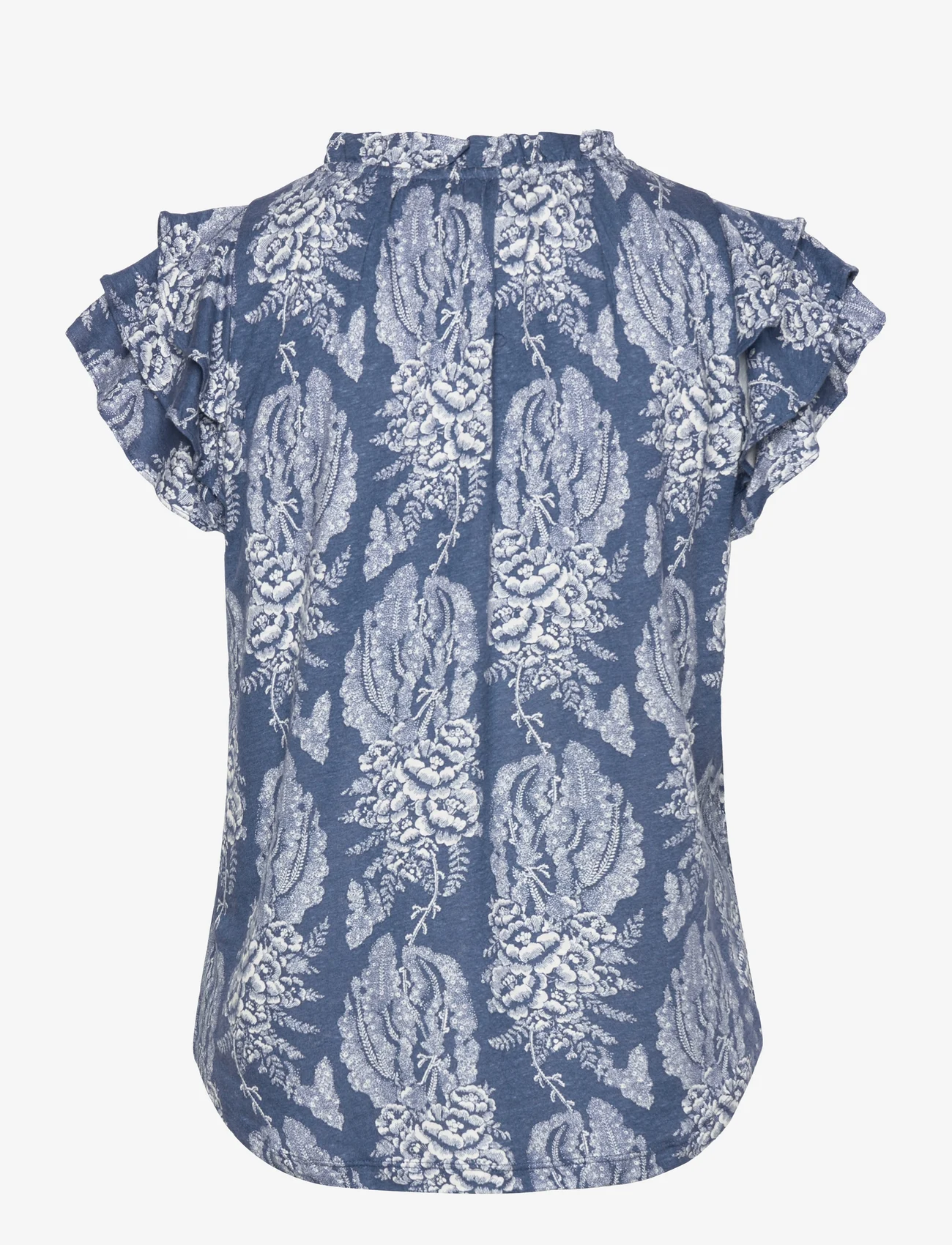 Lauren Ralph Lauren - Floral Linen-Blend Jersey Tie-Neck Top - t-shirts - blue/cream - 1