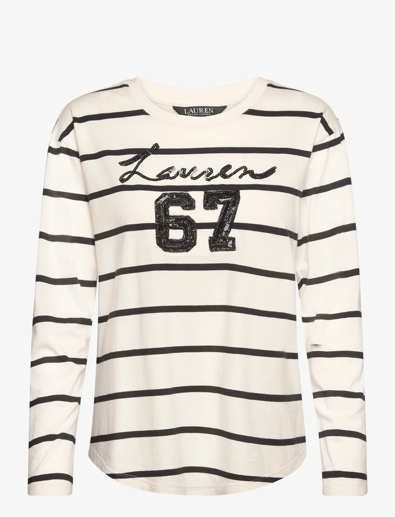 Lauren Ralph Lauren - Sequined-Logo Jersey Long-Sleeve Tee - langærmede toppe - mascarpone cream/ - 0
