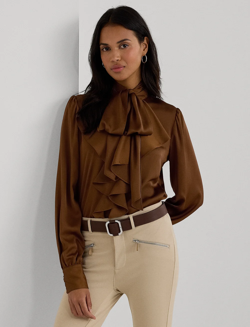 Lauren Ralph Lauren Ruffle trim Satin Tie neck Blouse Long sleeved blouses Boozt