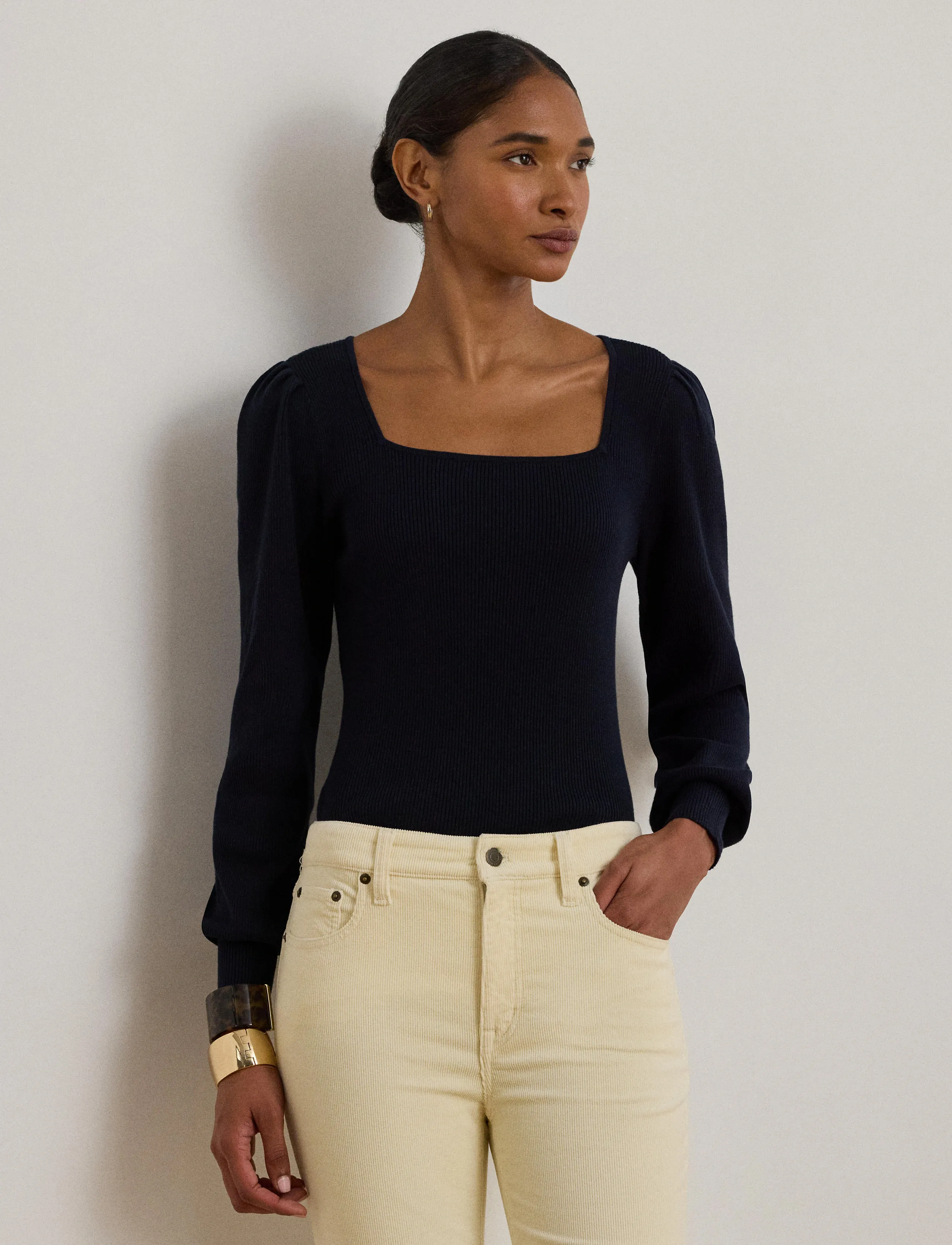 Lauren Ralph Lauren Rib-Knit Puff-Sleeve Sweater - T-shirts & Hauts - LAUREN NAVY / navy