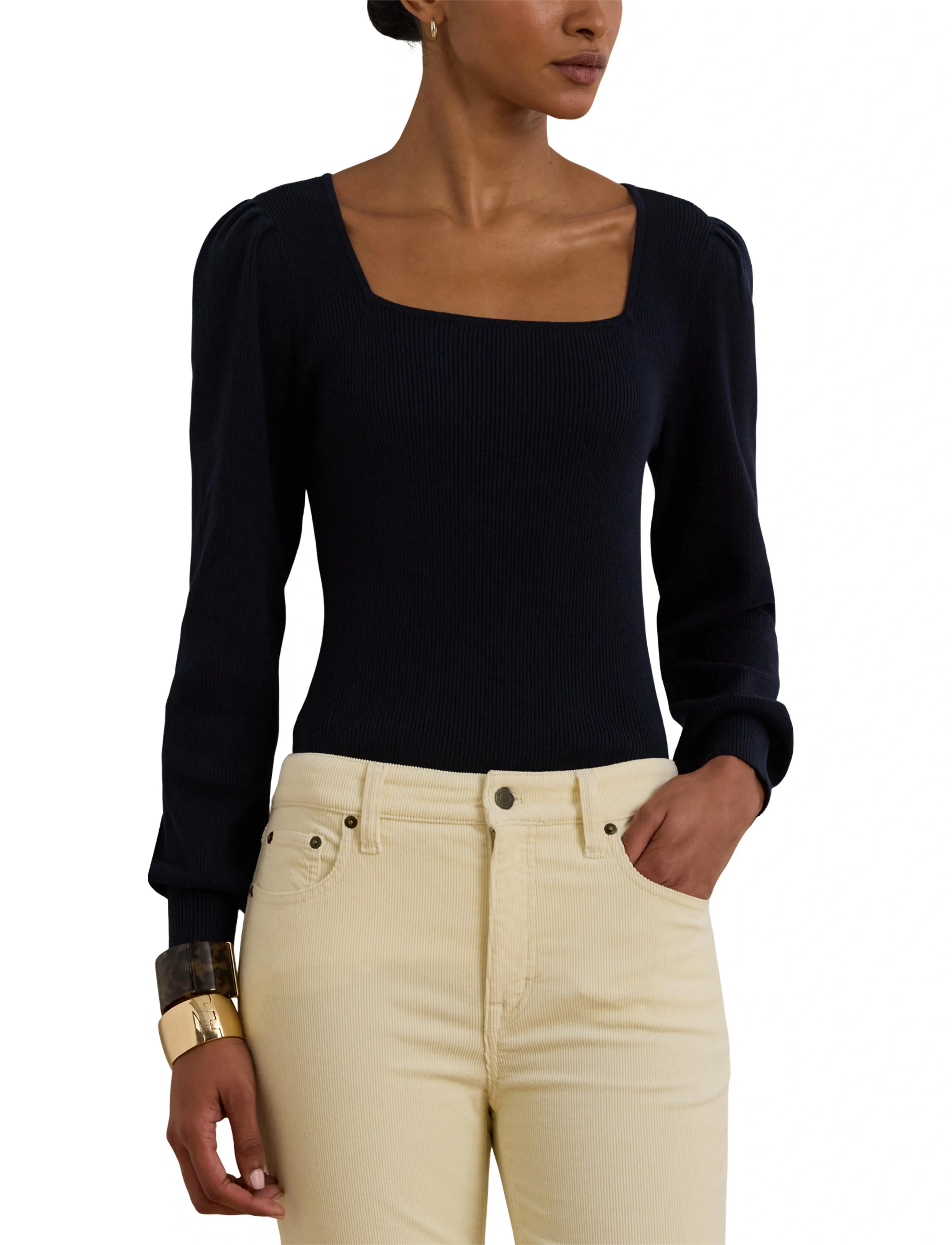 Lauren Ralph Lauren Rib-Knit Puff-Sleeve Sweater - Lauren Ralph Lauren - LAUREN NAVY / navy