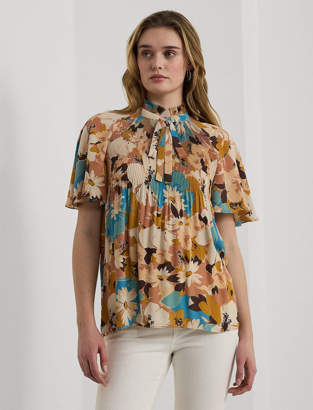 Lauren Ralph Lauren - Floral Pleated Georgette Blouse - kortærmede bluser - cream multi - 0