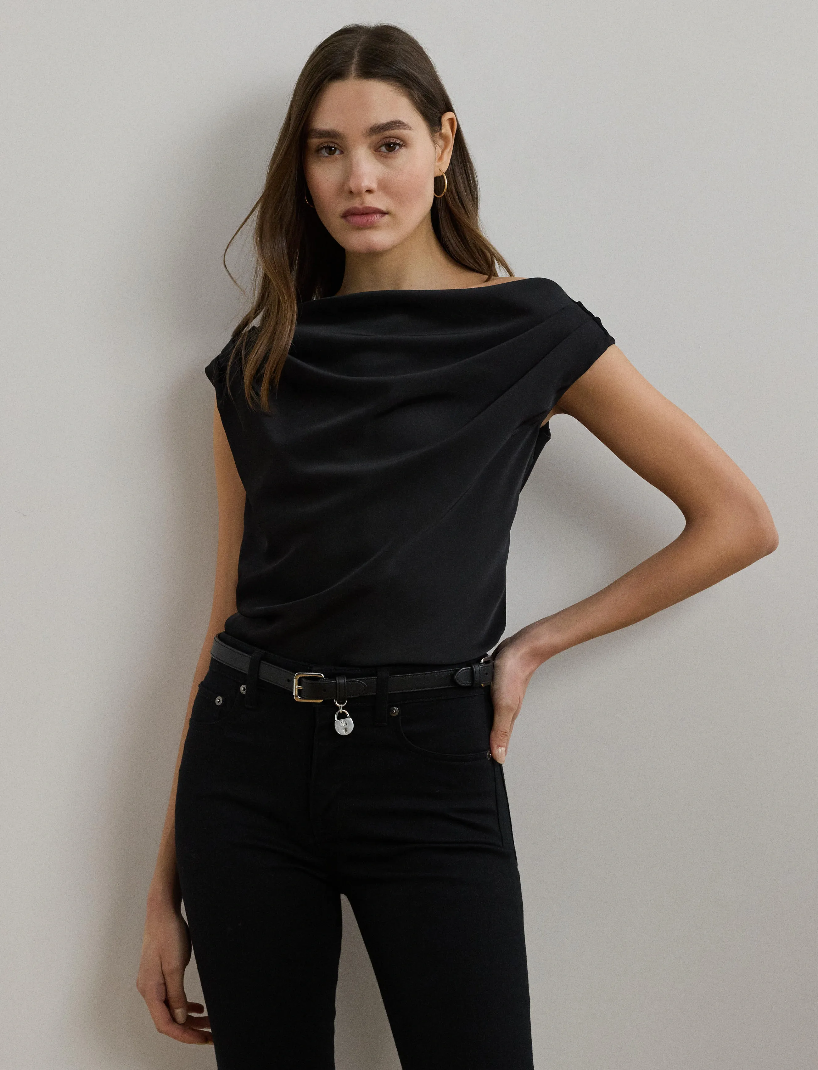 Lauren Ralph Lauren - Satin Charmeuse Off-the-Shoulder Blouse - black - 4