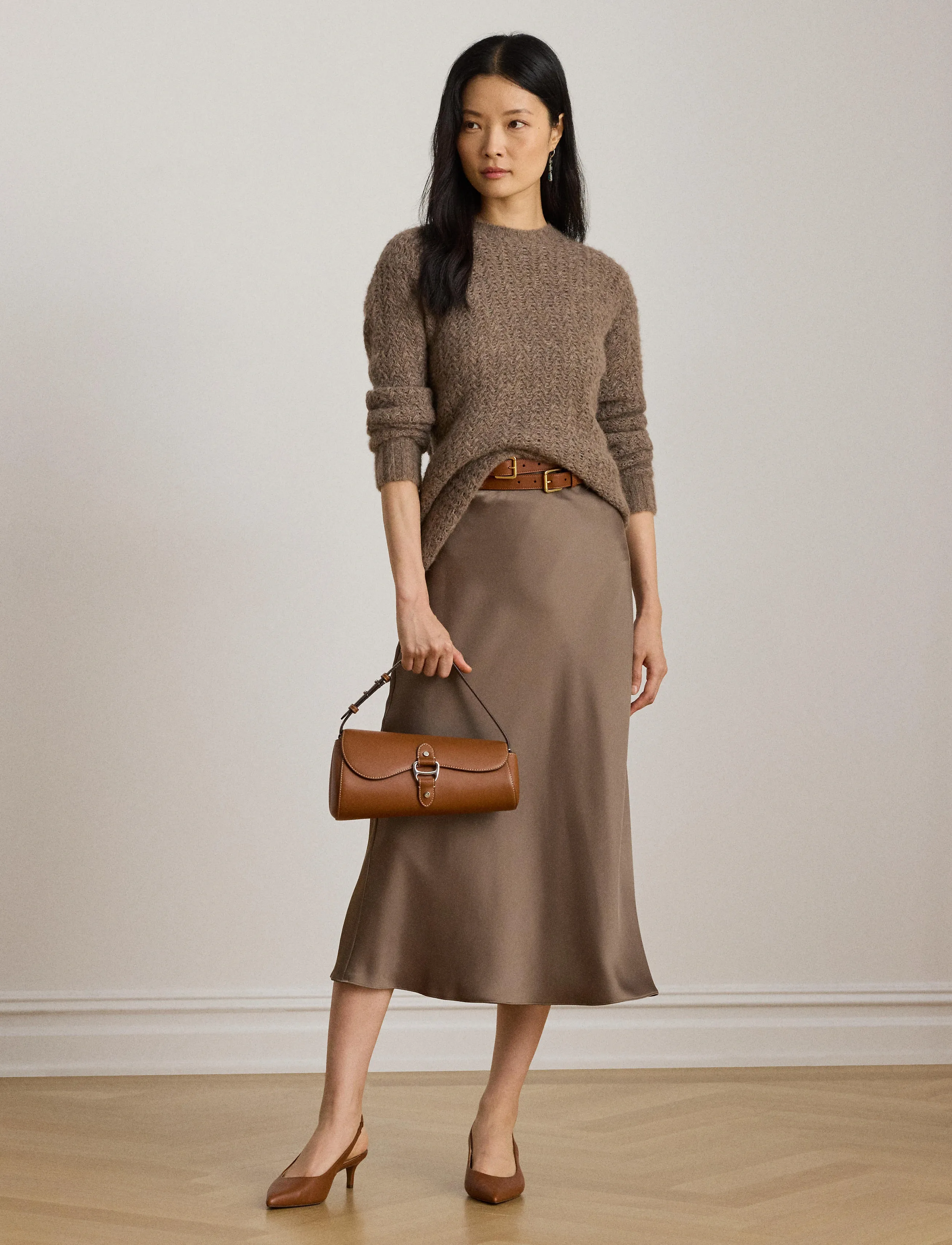 Lauren Ralph Lauren - Satin Charmeuse Midi Skirt - taupe brown - 4