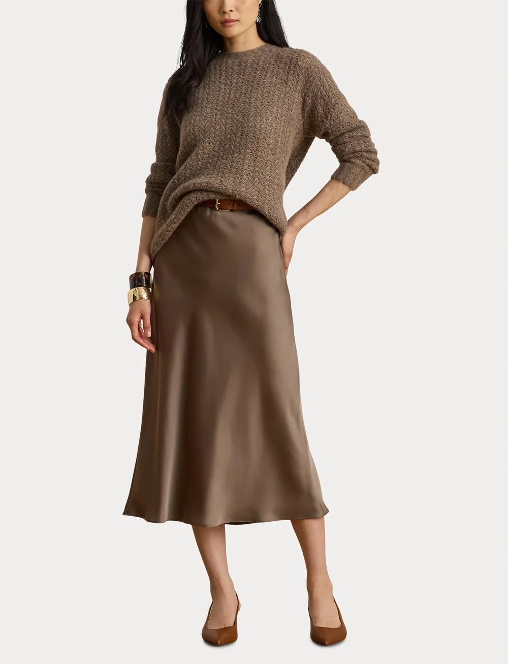 Lauren Ralph Lauren - Satin Charmeuse Midi Skirt - satinkjolar - taupe brown - 5