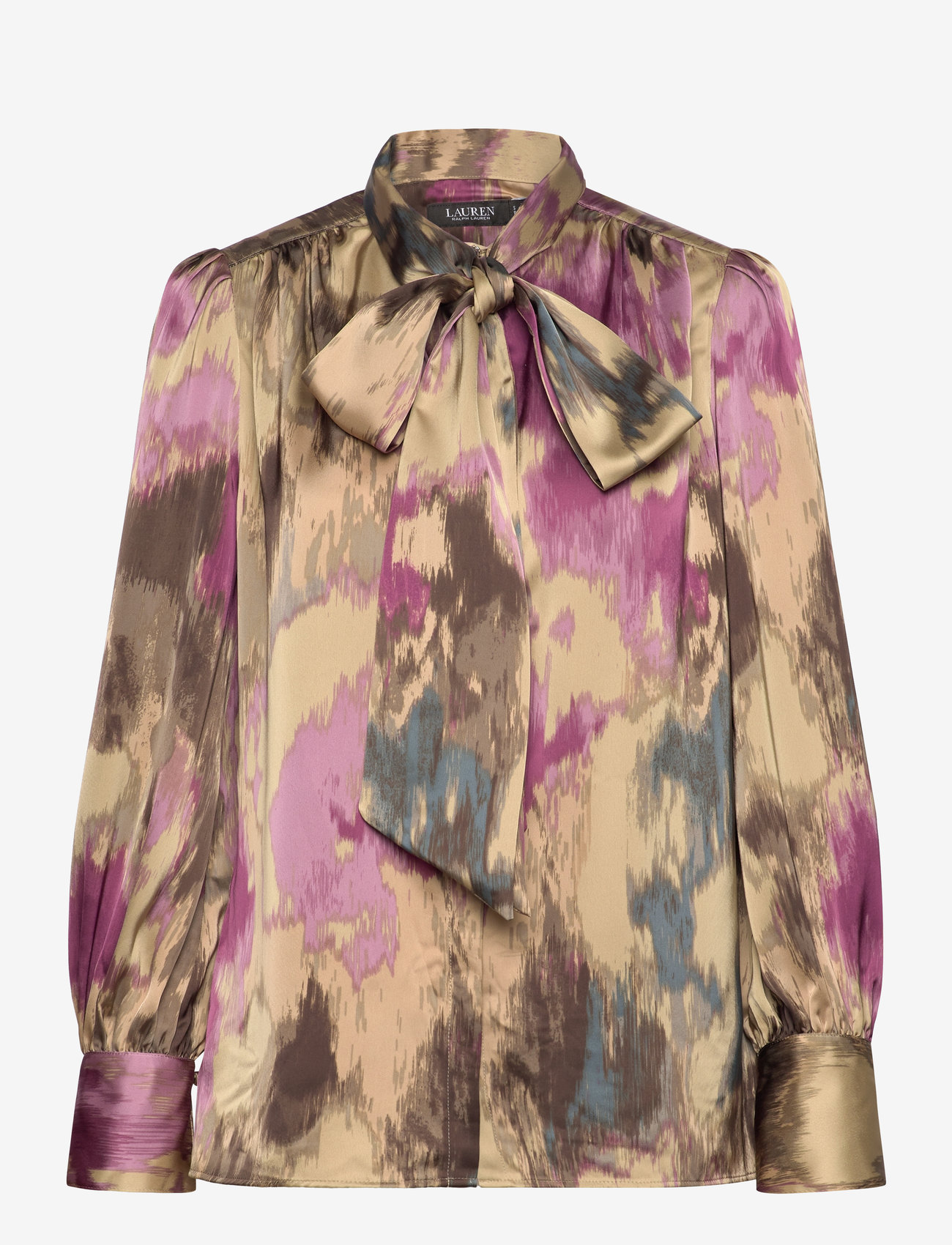 Lauren Ralph Lauren - Floral Satin Charmeuse Tie-Neck Blouse - långärmade blusar - tan multi - 1
