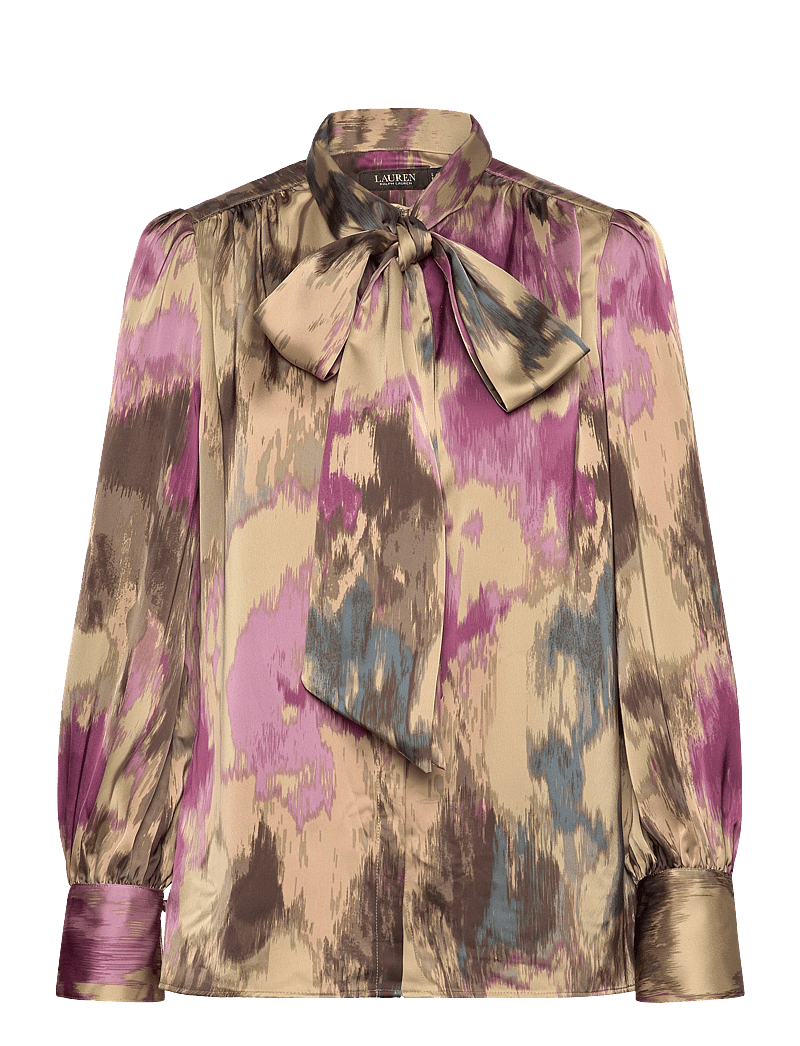 Lauren Ralph Lauren - Floral Satin Charmeuse Tie-Neck Blouse - långärmade blusar - tan multi - 1