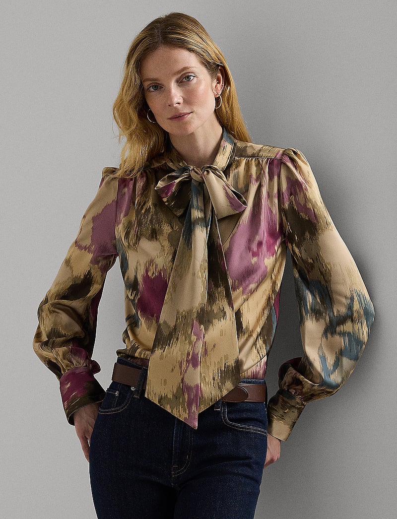 Lauren Ralph Lauren - Floral Satin Charmeuse Tie-Neck Blouse - långärmade blusar - tan multi - 0