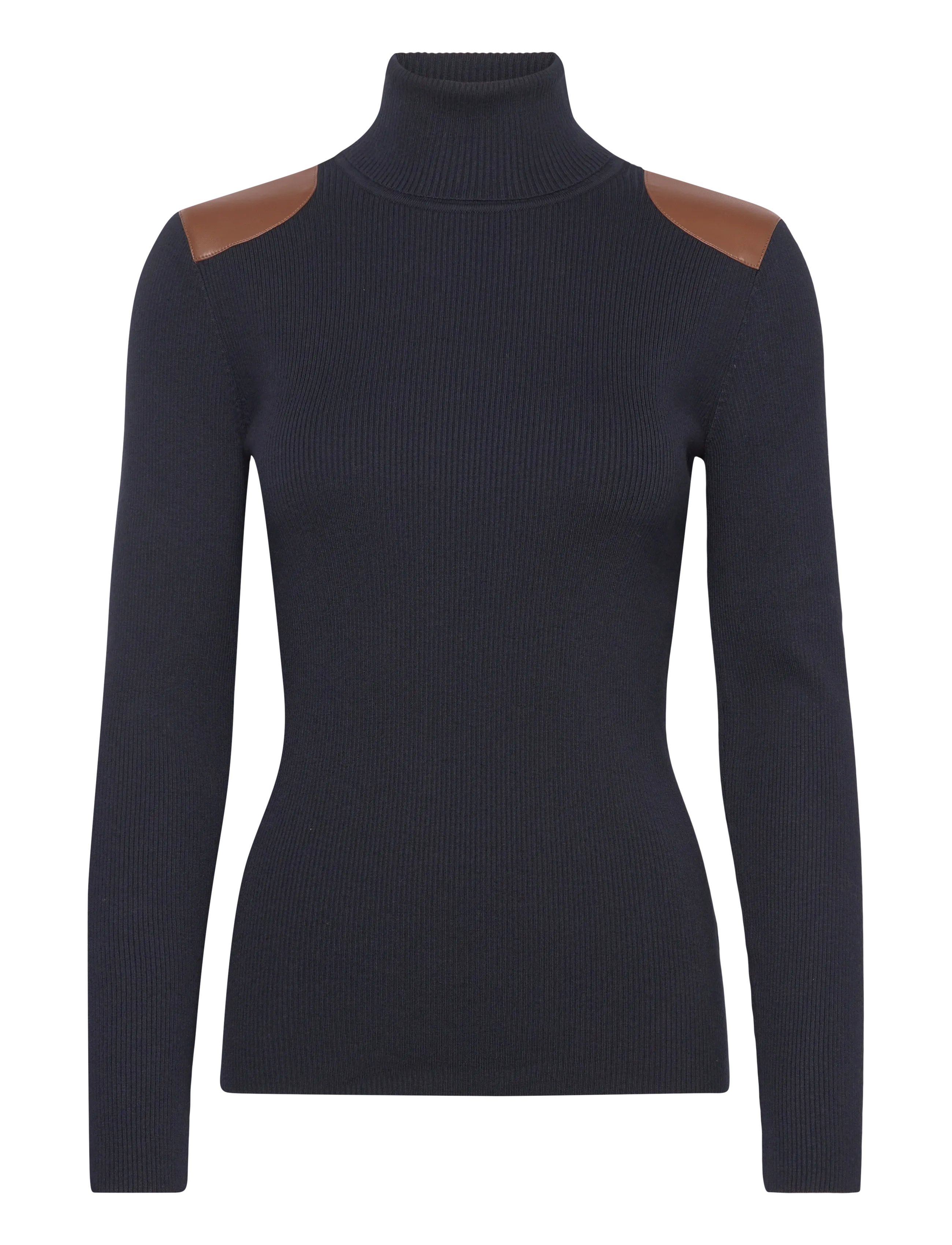 Lauren Ralph Lauren Faux-Leather-Trim Ribbed Turtleneck - Transitional Layering - LAUREN NAVY / navy