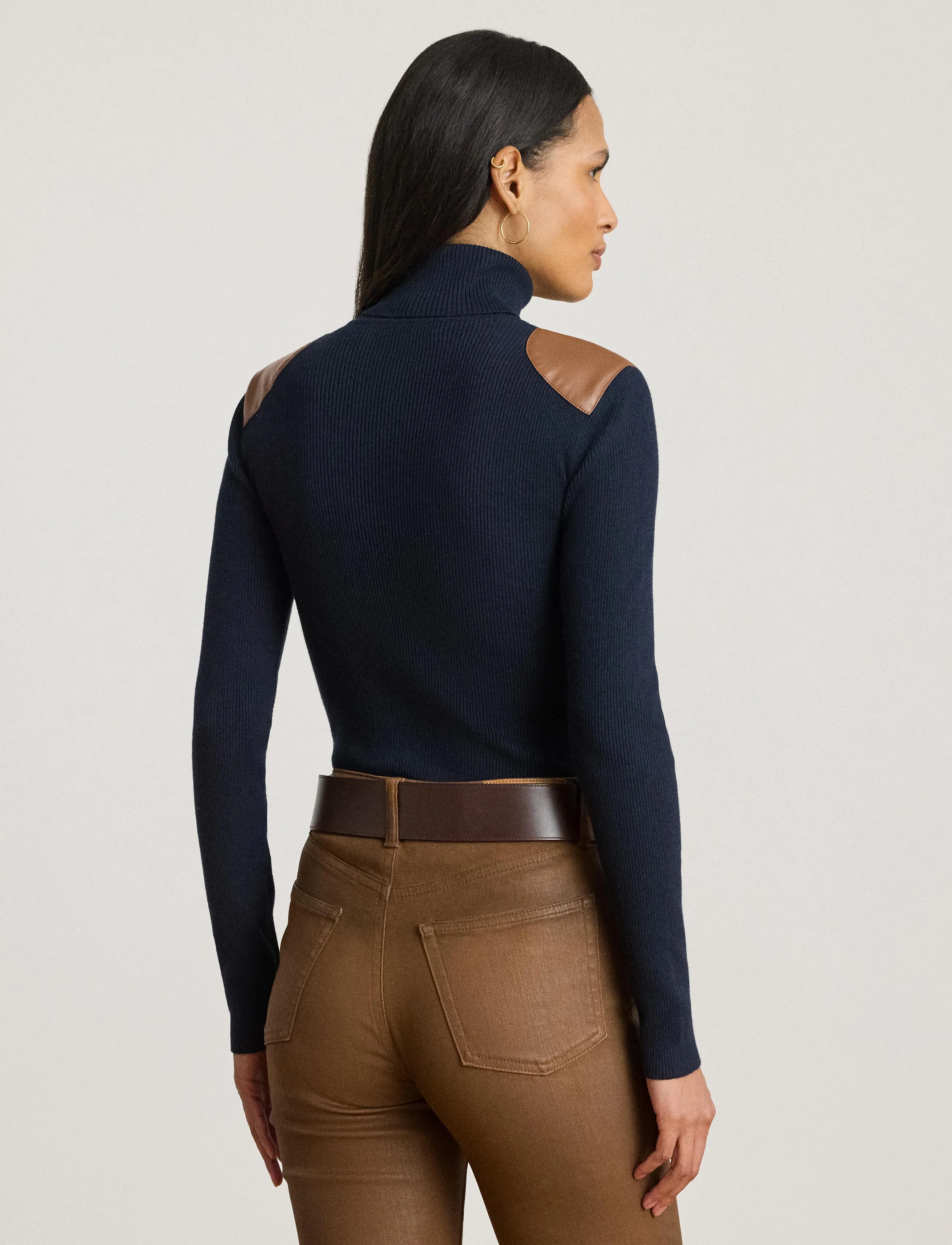 Lauren Ralph Lauren - Faux-Leather-Trim Ribbed Turtleneck - golfy - lauren navy - 3