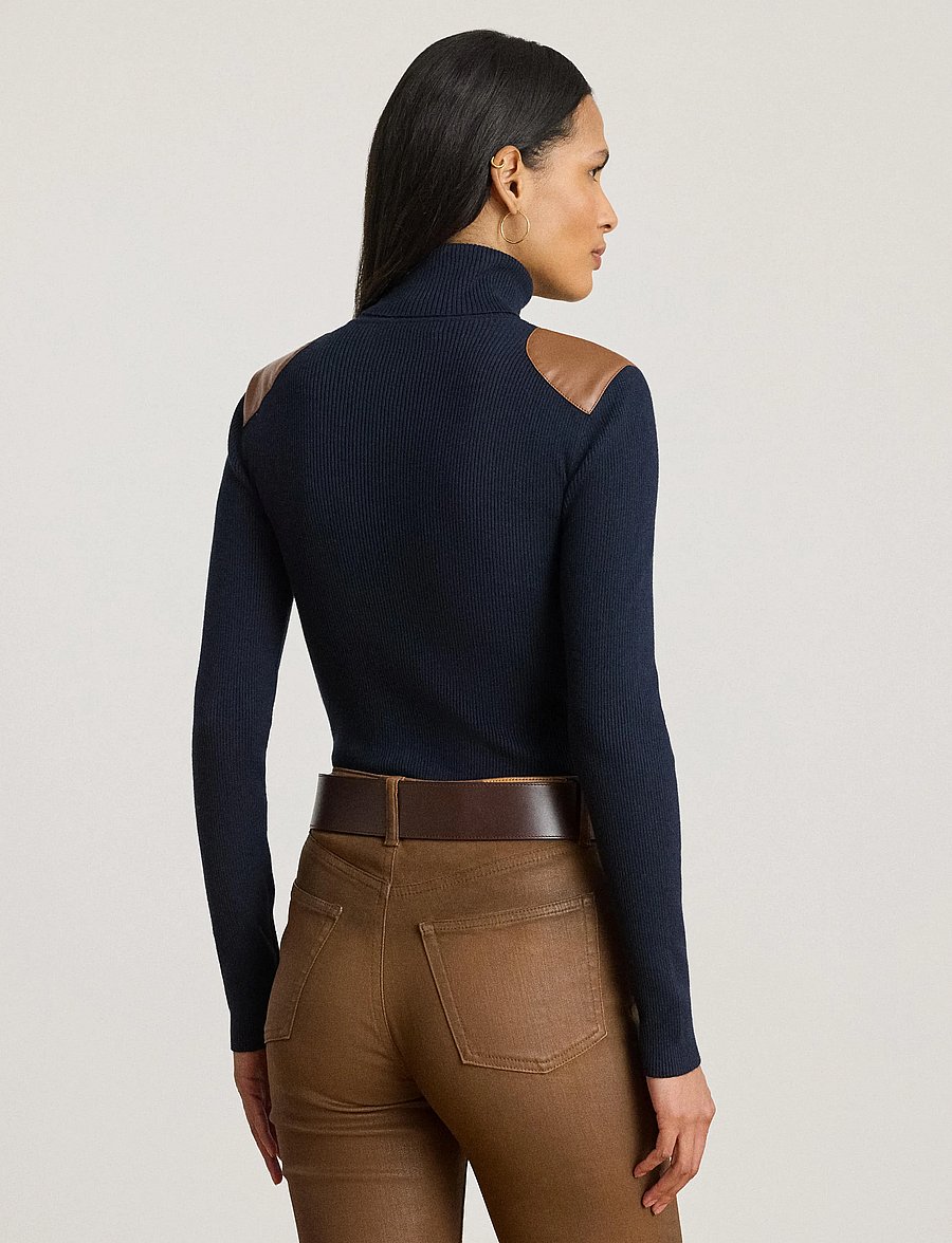 Lauren Ralph Lauren - Faux-Leather-Trim Ribbed Turtleneck - coltruien - lauren navy - 3
