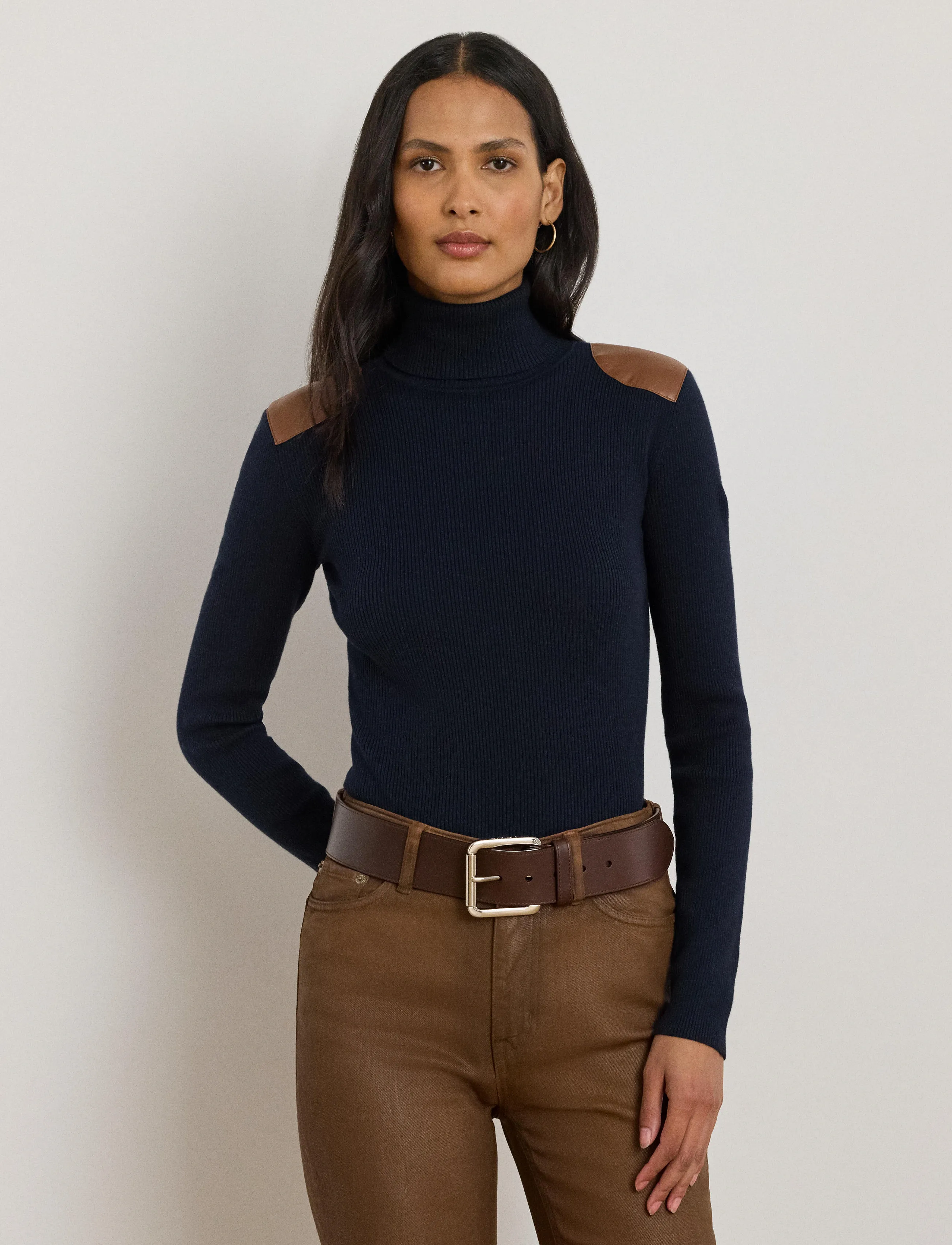 Lauren Ralph Lauren - Faux-Leather-Trim Ribbed Turtleneck - golfy - lauren navy - 4