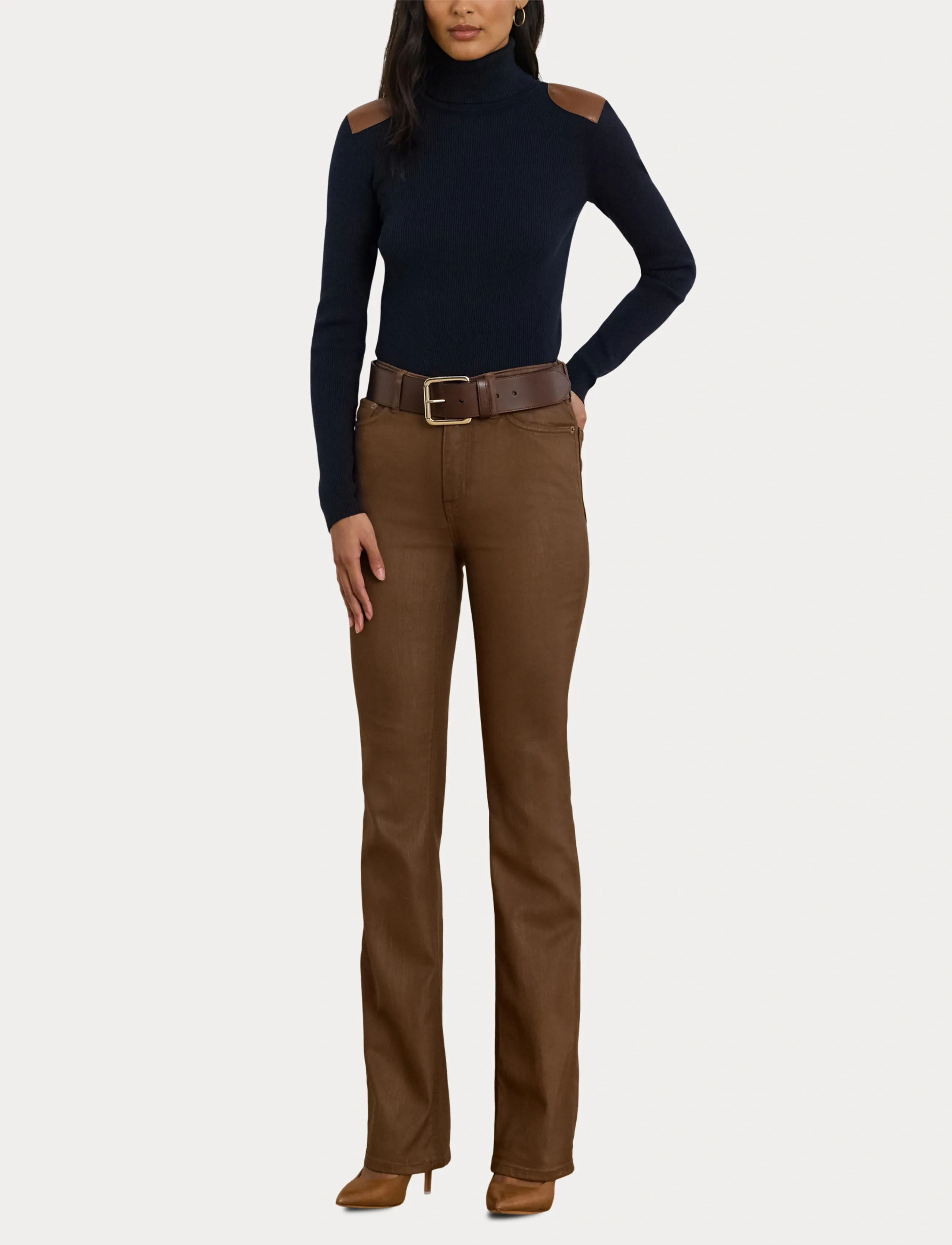 Lauren Ralph Lauren - Faux-Leather-Trim Ribbed Turtleneck - golfy - lauren navy - 5