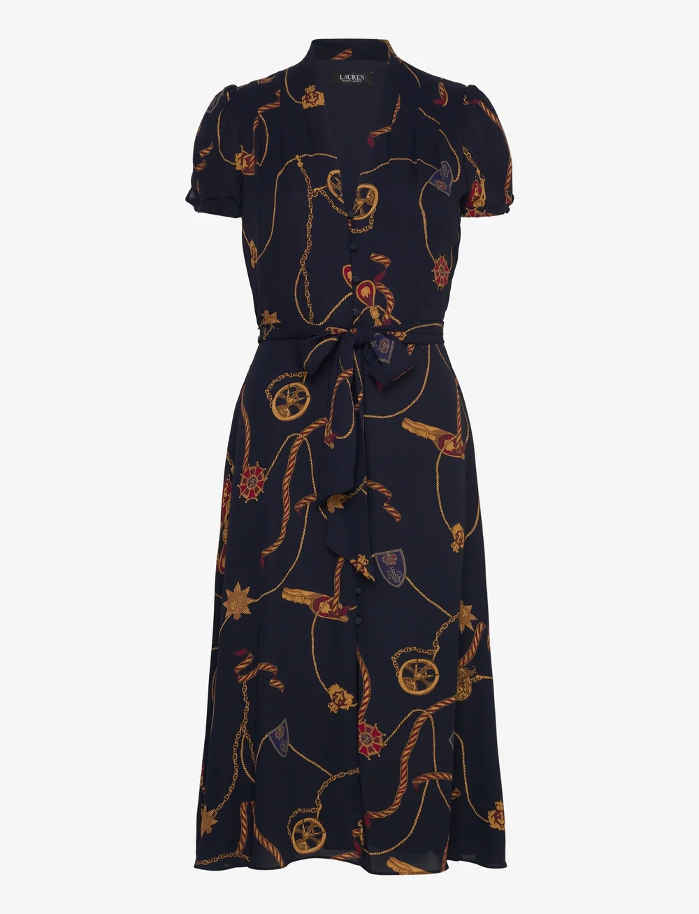 Lauren Ralph Lauren - Print Belted Georgette Puff-Sleeve Dress - festkjoler - navy multi - 0