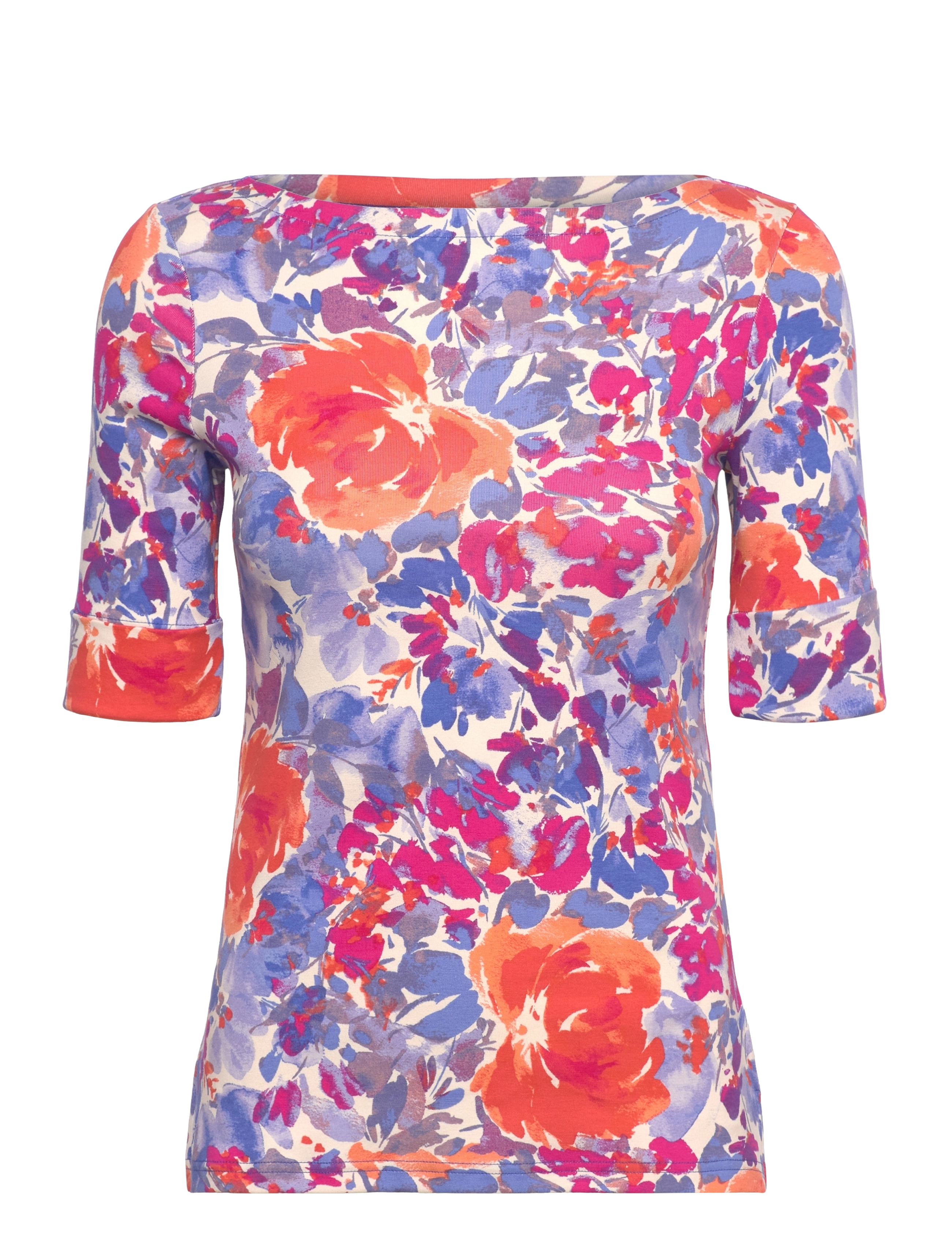 Floral Stretch Cotton Boatneck Tee - WHITE MULTI