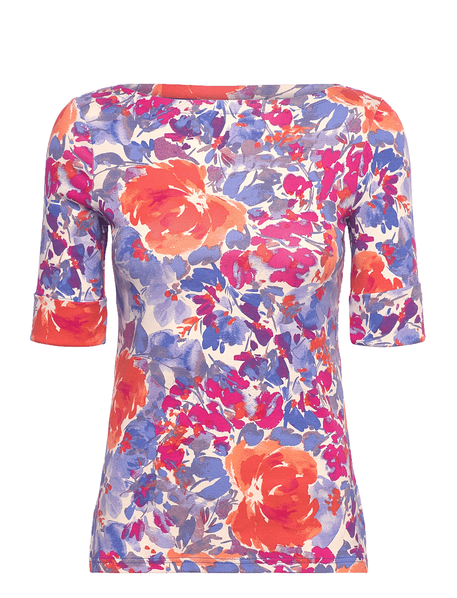 Lauren Ralph Lauren - Floral Stretch Cotton Boatneck Tee - white multi - 0