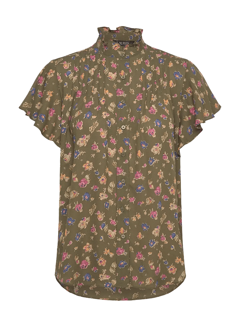 Lauren Ralph Lauren - Floral Georgette Flutter-Sleeve Shirt - kortärmade blusar - olive multi - 0