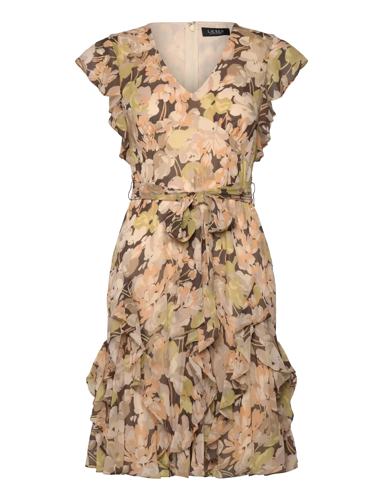 LAUREN RALPH LAUREN Floral Ruffle-Trim Georgette Kleid Grün - 38 - Damen