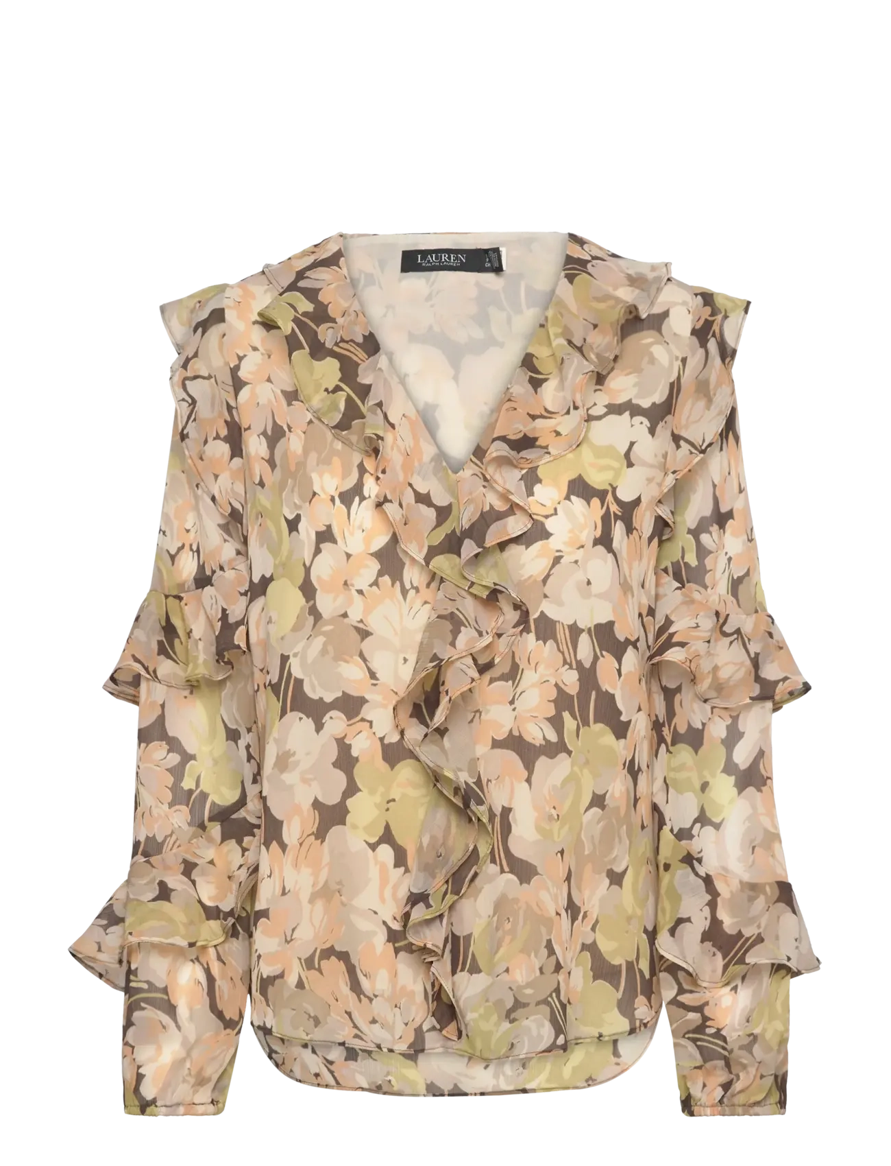 Lauren Ralph Lauren Floral Ruffle-Trim Georgette Blouse, XS, Green, Bluser > Langærmede, Dame