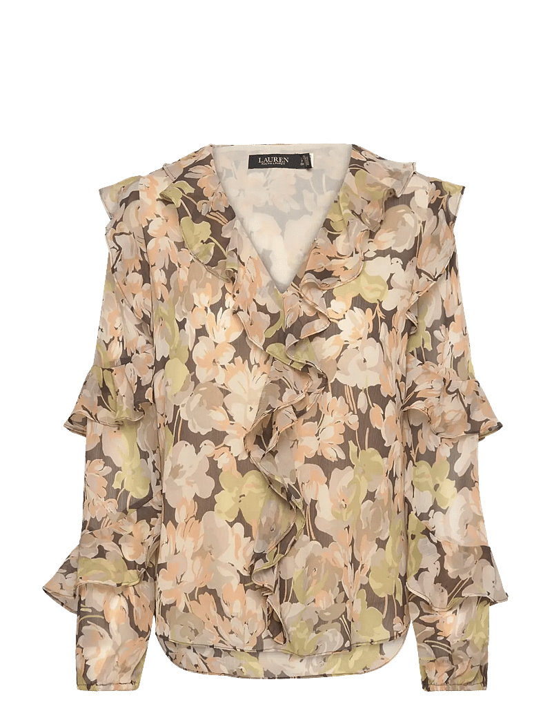 Lauren Ralph Lauren - Floral Ruffle-Trim Georgette Blouse - blūzes ar garām piedurknēm - green multi - 0